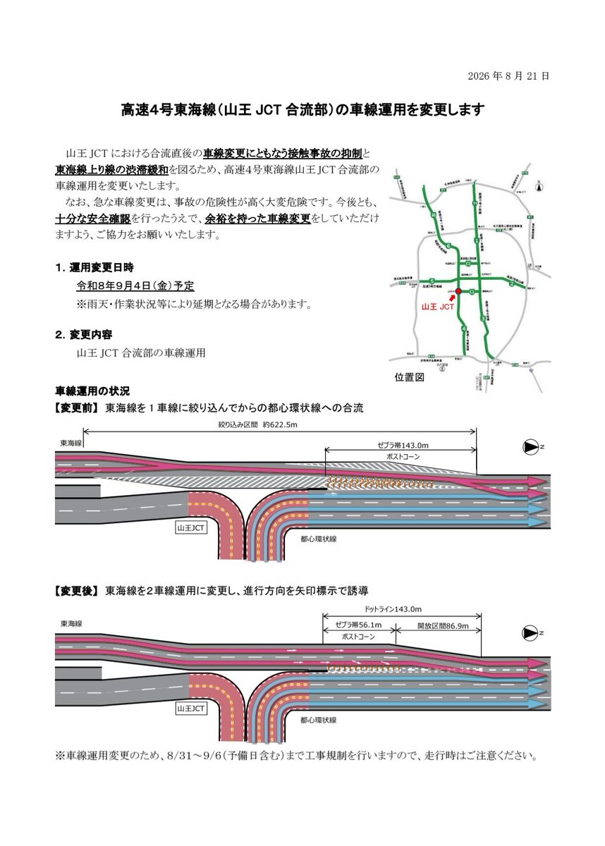 road_open's tweet photo. 前回運用変更から1年経たず

高速4号東海線（山王JCT合流部）の車線運用を変更します
運用変更日時 
令和８年９月４日（金）予定
【変更前】 東海線を 1 車線に絞り込んでからの都心環状線への合流
 【変更後】 東海線を２車線運用に変更し、進行方向を矢印標示で誘導
https://t.co/IdKeq8bozL https://t.co/fRzTJ8Bn0M