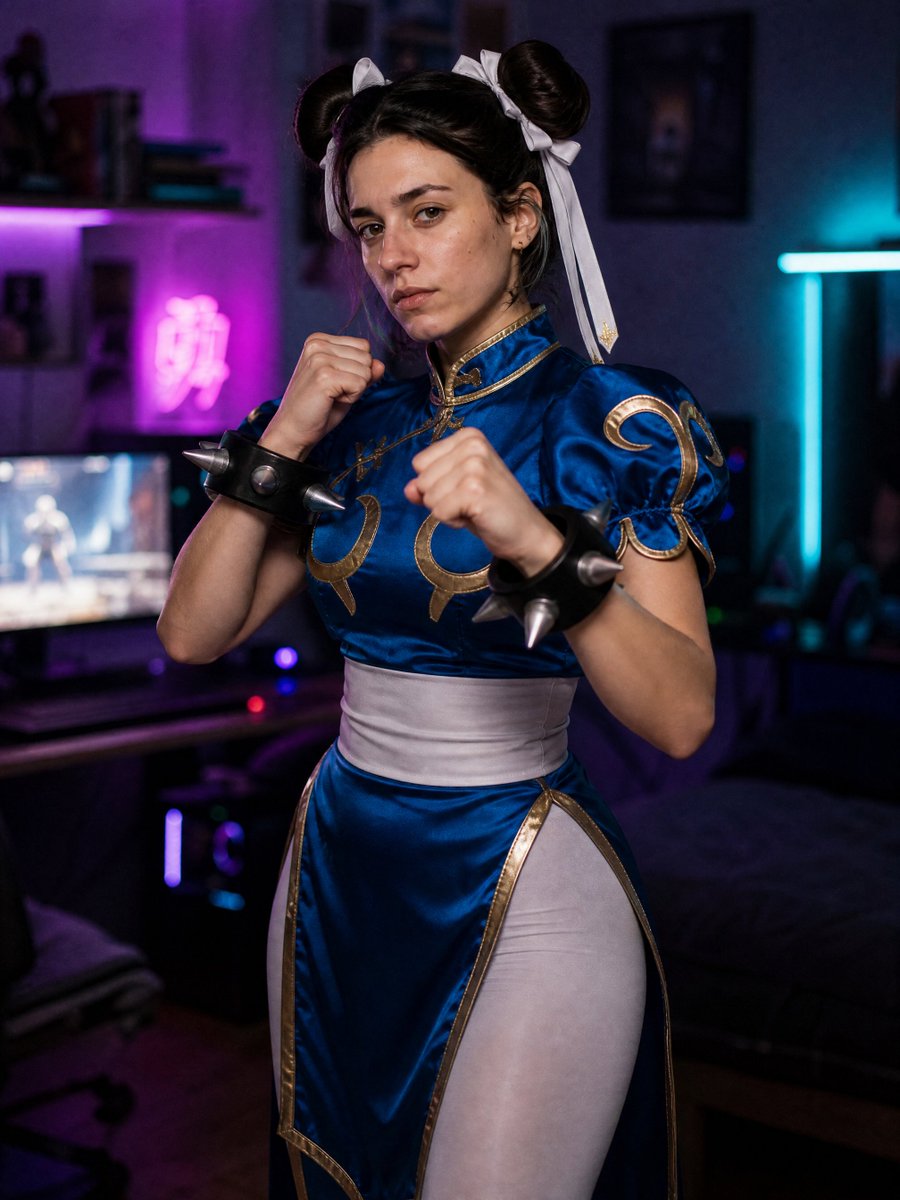 MissyILander's tweet photo. First cosplay: Chun-Li. Kept my face, tried on the fighting stance. Who should I dress up as next? I'm taking requests. https://t.co/eTEOvfNDlF