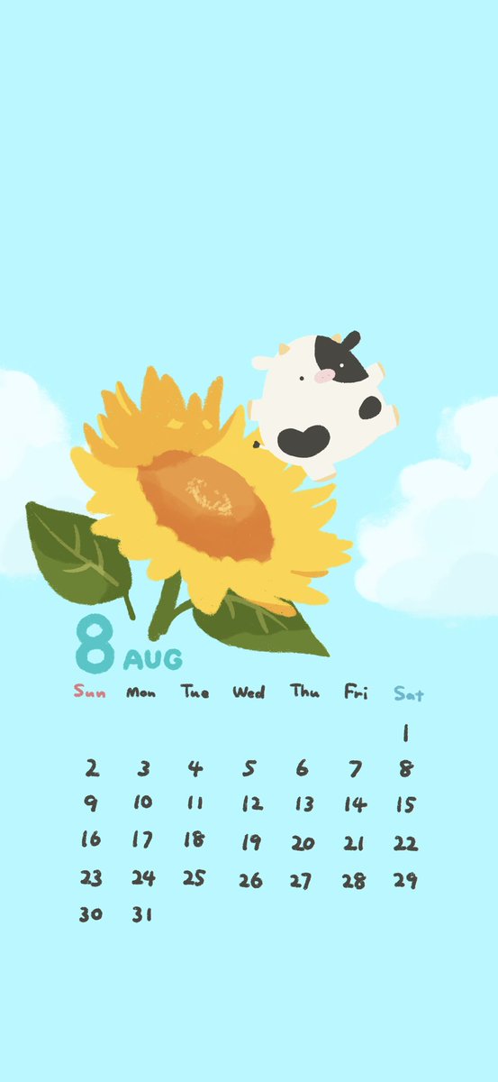 gome927_'s tweet photo. 特大遅刻ですがせっかく描いたので…

8月のカレンダーです🌻
ひまわりと牛さん

個人利用の範囲でご使用ください
#カレンダー  #壁紙   #ゆるいイラスト https://t.co/ef4czIauTh