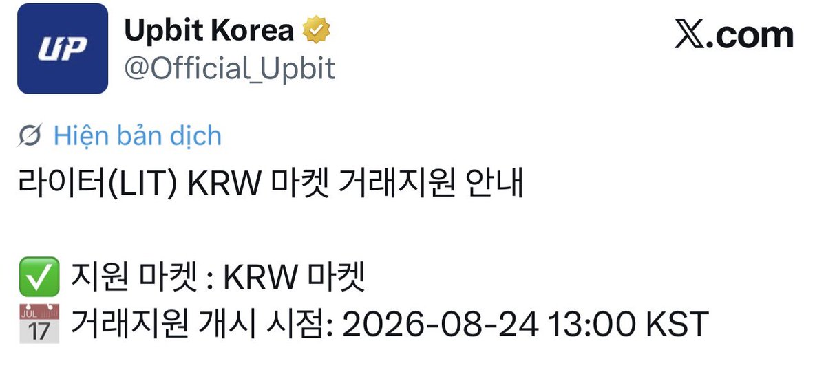 Callatran80's tweet photo. Upbit to List #LIT/KRW Trading Pair  
Upbit will list the LIT/KRW trading pair at 13:00 local time on Aug. 24. LIT is an Ethereum-based utility token for the Lighter protocol. https://t.co/bBRS7LCjH3