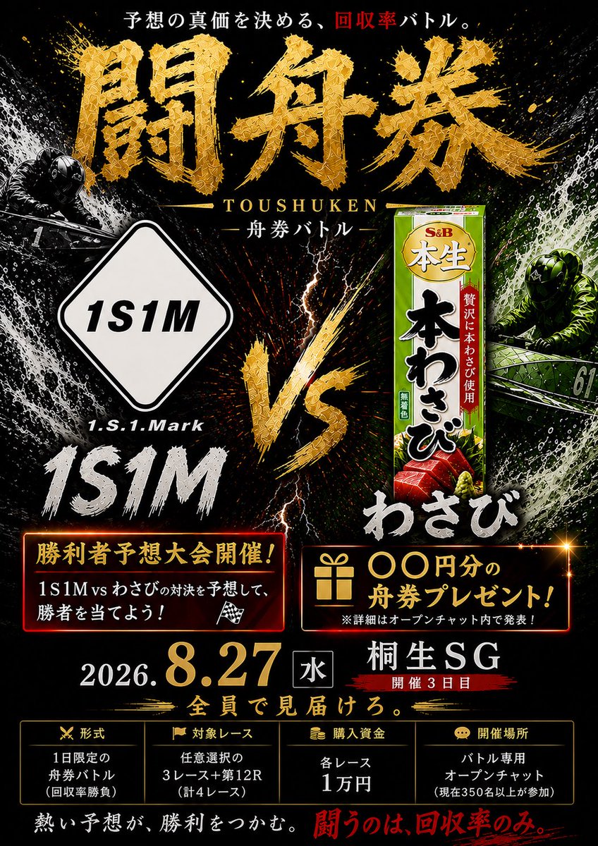 1syuu1mark's tweet photo. 🔥【闘舟券 対戦相手&勝者予想大会詳細発表】

8.27 桐生SG 開催3日目

1S1M (@1syuu1mark) の対戦相手は——

 わさびさん (@sabisabiwasabi9)

<バトル会場>
オープンチャット「闘舟券-TOUSYUKEN-」
https://t.co/OFKml4VUGr

🎁 勝利者予想大会 開催！ 🎁
予想的中者の中から抽選で5名様に 🔥 5,000円分の舟券をプレゼント！ 🔥

【参加方法】
① 1S1M＆わさびさんのXをフォロー ② この投稿を「いいね」 ③ この投稿を「リポスト」 ④ コメント欄に勝つと思う方を記入
「1S1M」or「わさび」

あなたはどっちが勝つと思う？🔥

まだわさびさんをフォローしていない方は、 この機会にぜひフォローお願いします🌶️

#闘舟券
