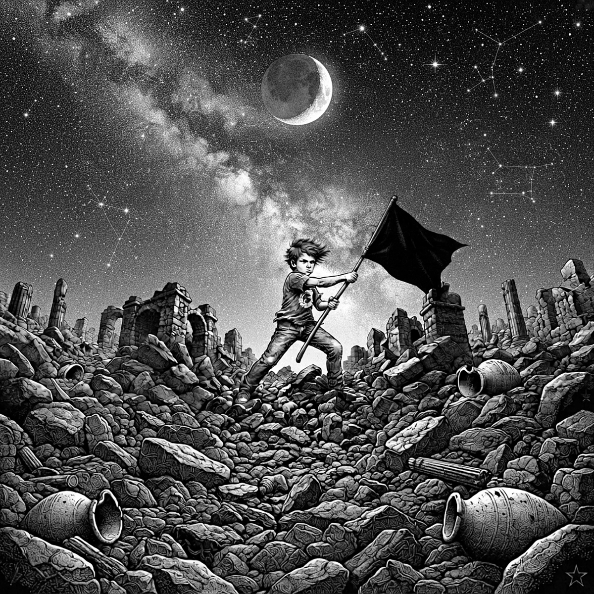 Telefantasma_'s tweet photo. El cuentacuentos (Telefantasma) tiene una bandera: de un lado es negra y del otro, completamente blanca. Su lucha está en favor de la imaginación y la creatividad; su mente es su derecho. Para él, el estado perfecto es el mineral y Dios es la gravedad. https://t.co/T7VqeAzhKV