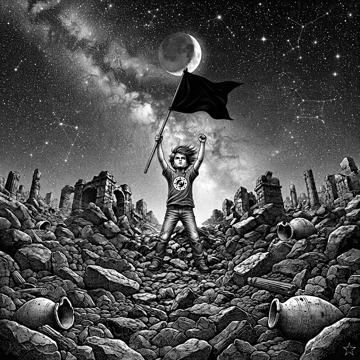 Telefantasma_'s tweet photo. El cuentacuentos (Telefantasma) tiene una bandera: de un lado es negra y del otro, completamente blanca. Su lucha está en favor de la imaginación y la creatividad; su mente es su derecho. Para él, el estado perfecto es el mineral y Dios es la gravedad. https://t.co/T7VqeAzhKV