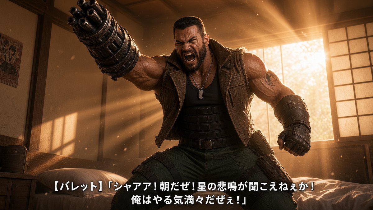 IFworld3630's tweet photo. バレットの1日ルーティン
 #ai #ファイナルファンタジー7  #ルーティン https://t.co/ET6dFU1dOc