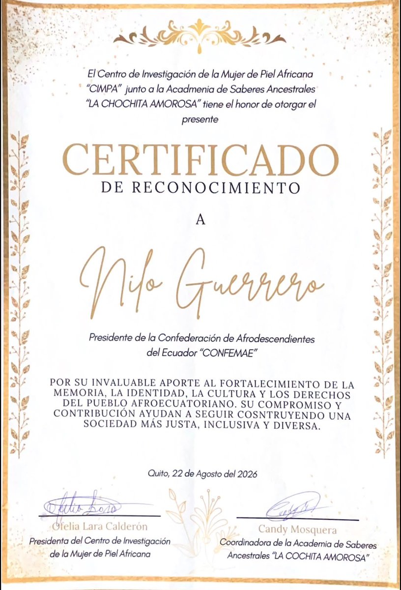 ConfemaeA's tweet photo. Agradecemos al Centro de Investigación de la Mujer de Piel Africana "CIMPA". Por el gran Reconocimiento al Ing. José Nilo Guerrero, Por su  Aporte al Fortalecimiento de la Memoria , La Identidad, La Cultura y Los Derechos Del Pueblo Afro ecuatoriano. https://t.co/HeYC6Kr9Gp