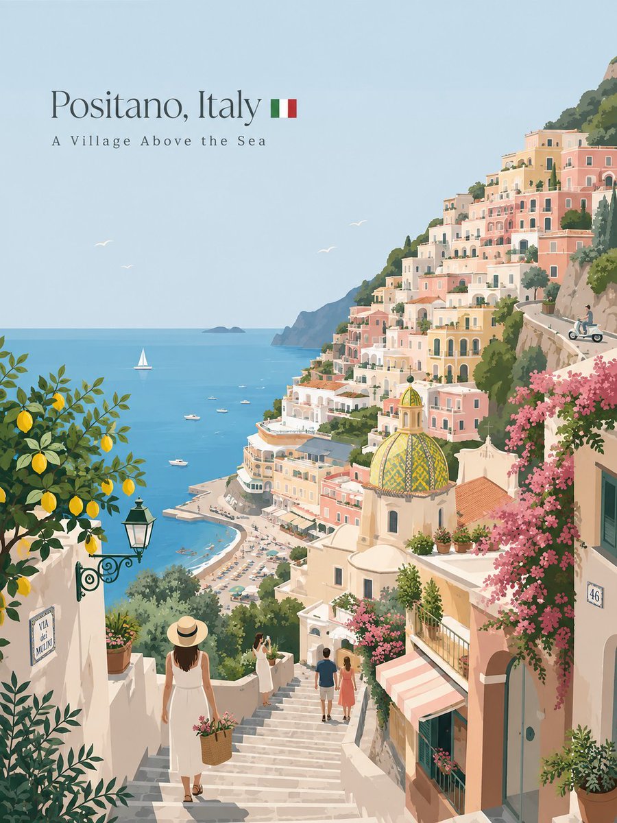 AiwithLariab's tweet photo. GPT image 2 on chatGpt

Prompt 👇
Premium minimalist flat-vector travel poster for [CITY_NAME], 3:4 vertical format.
Design an original, sophisticated travel poster that captures the authentic visual personality of [CITY_NAME]. The composition must feel purpose-built for this city rather than following a reusable template.

CITY IDENTITY

First interpret the unique visual character of [CITY_NAME] and build the scene around these five elements:

1. A recognizable landmark, architectural feature, or skyline element.
2. A distinctive local way of moving through the city.
3. One subtle everyday lifestyle moment.
4. A native plant, landscape, or environmental characteristic.
5. A composition and viewpoint that naturally belongs to the city.

The overall scene structure must change from city to city. Do not repeatedly use the same object positions or visual formula.

Possible compositions include:
harbor viewpoint, narrow historic lane, riverside garden, coastal path, elevated city overlook, lively market passage, tram avenue, ferry terminal, botanical setting, heritage square, beach promenade, cultural plaza, or skyline terrace.

Choose whichever composition best represents [CITY_NAME].

TYPOGRAPHY

Place “[CITY_NAME]” in the upper-left area with generous clean negative space.

Add one short, sophisticated English tagline inspired by the atmosphere of the city.

Typography should feel understated, editorial, spacious, and premium. Never allow text to dominate the artwork.

VISUAL HIERARCHY

Use one iconic landmark or architectural feature as the main focal point.

Support it with only 2–4 carefully selected local elements. Every added detail should strengthen the sense of place.

Avoid landmark collections or postcard-style collages. Keep the scene visually quiet and intentional.

PEOPLE

Include only 3–6 small-scale figures.

Give each person a believable activity connected to local life, such as:
walking through a historic lane, cycling, waiting for public transport, sketching architecture, boarding a ferry, reading outdoors, taking a quiet photograph, carrying beach equipment, browsing a market, or jogging beside the water.

Avoid crowds and avoid making any single person the main character. Figures should integrate naturally into the environment.

LOCAL CHARACTER

Use city-specific elements only when they genuinely fit [CITY_NAME]:

- local transportation
- architecture
- street furniture
- vegetation
- small signs or wayfinding
- local food references
- recreational activities
- pavement markings
- cultural details

Transport and signage should remain subtle. Instead of always using a large signboard, incorporate details naturally through a small transit marker, station clock, ferry information panel, bike symbol, painted road marking, beach flag, or understated metro icon.

ART DIRECTION

Japanese stationery-inspired aesthetic,
luxury sticker illustration,
premium commercial vector artwork,
modern editorial travel branding,
clean delicate outlines,
uniform line weight,
simple geometric forms,
flat-color illustration,
soft shapes,
balanced visual rhythm,
high-end minimalist postcard design.

COLOR SYSTEM

Build the atmosphere primarily with:
pale powder blue, soft sky blue, mist blue, and cool airy blues.

Balance these with:
warm ivory, cream, soft beige, muted sage, gray-green, and understated architectural neutrals.

Use dusty rose or muted blush only for tiny visual accents such as flowers, clothing details, small signs, awnings, or decorative objects.

Colors should remain soft, sophisticated, slightly desaturated, and cohesive.

MOOD

Fresh, airy, peaceful, refined, contemporary, elegant.

The final artwork should feel like a premium boutique travel postcard or luxury lifestyle brand illustration, with generous breathing room and a relaxed sense of place.

IMPORTANT QUALITY RULES

Every city must have its own visual identity.
Change the camera angle, scene structure, landmark placement, foreground treatment, and supporting details according to the city's character.

Do not simply replace [CITY_NAME] inside an existing composition.

NEGATIVE PROMPT

No photorealism.
No realism.
No watercolor.
No painterly brushwork.
No gradients.
No heavy shadows.
No dramatic cinematic lighting.
No paper texture.
No excessive detail.
No cluttered background.
No landmark collage.
No crowded streets.
No oversized characters.
No dominant hero character.
No repetitive café composition.
No fixed signboard position.
No identical foreground treatment.
No generic tourist-poster formula.
No copied layout from another city.
No unnecessary decorative elements.