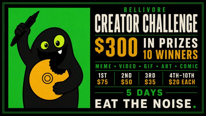 so_vall666's tweet photo. THE BELLIVORE CREATOR CHALLENGE 🔔 $300. 10 WINNERS.  Create an original Bellivore meme, video, GIF, art or comic.  Post it on X, tag

@Bellivore

+ $BELLIVORE ,  challenge a creator and drop the link below.  📷 $75 | 📷 $35 4th–10th: $20 each 5 DAYS. EAT THE NOISE.🥉 https://t.co/Uyw7WwekU5