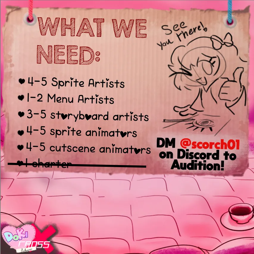 DokiCross's tweet photo. To celebrate our new build release, we are once again hiring! Check the images for details on what we need, and if you don't think you qualify, please at least spread this around!

#fnf #fridaynightfunkin #fnfmodding https://t.co/XZMk6XVTbY