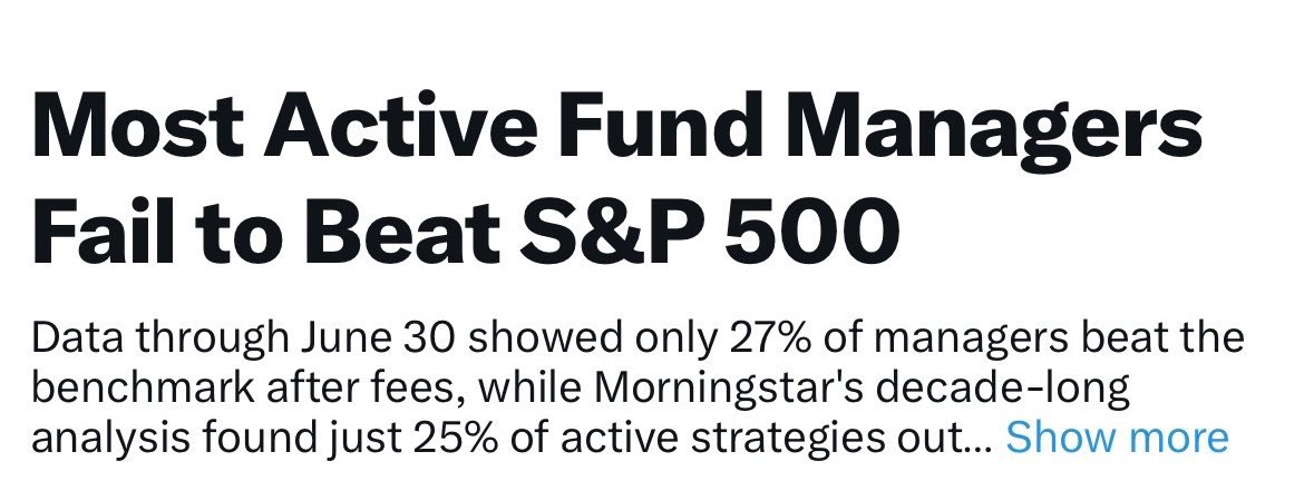 GuyzTalkFinance's tweet photo. You can outperform 90% of professional investors by dollar cost averaging into the S&amp;P500.

It’s literally that easy. https://t.co/rHKFcXQC1a