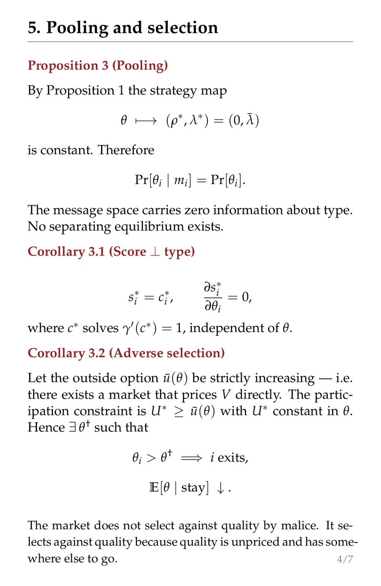 JCTrader_JAY's tweet photo. Coming out of a meeting this morning, I figured something out. If a system doesn't score based on net asset value curves, it will inevitably drift toward the exact same destination: everyone speaking in unfalsifiable statements. This isn't a moral issue; it's a mathematical one.

For a statement to be proven wrong, two conditions must be met simultaneously: it has to be specific enough, and it has to live long enough. Conversely, if you want to ensure you're never wrong, there are only two ways to do it. You either keep your statements vague, or you cycle through your viewpoints fast enough that none of them ever survives until validation day.

These two approaches share a common trait: they have nothing to do with your skill level. They work just as well for experts as they do for frauds.

Therefore, as long as the people handing out scores keep no record, vagueness becomes the strictly dominant strategy. Note that I said strictly dominant, meaning even experts will choose it. This is because clarity has a cost and errors carry a penalty, while being clear brings zero extra reward.

As a result, everyone starts sounding the same. Scores end up distributed purely by exposure frequency, volume, and responsiveness. Truly capable people realize their talent is completely unpriced here and simply leave. The ones who stay end up looking more and more alike until the system becomes a closed loop where no one speaks like a normal human being, nobody keeps records, and nobody even has anything left to record.

Breaking this cycle only takes one action: add a column to every statement.

1. If this statement turns out to be wrong, what would the world look like?
2. Anyone who can't fill that in gets zero points.

How low is the cost of doing this? It's so low that the only reason not to do it is that you actually don't want to know the answer.

The derivation and diagram are below.