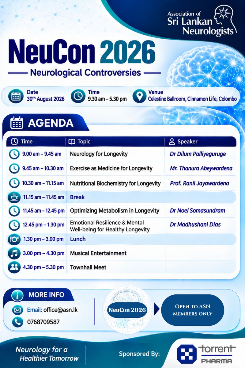 asn_lk's tweet photo. The NeuCon 2026-Neurological Controversies
🗓30th of August 2026
⏰️9.00 am to 5.30 pm
📍Cinnamon Life, Colombo.
#longevity #neuroscience #srilanka #neurologyeducation https://t.co/G02lcBngkp