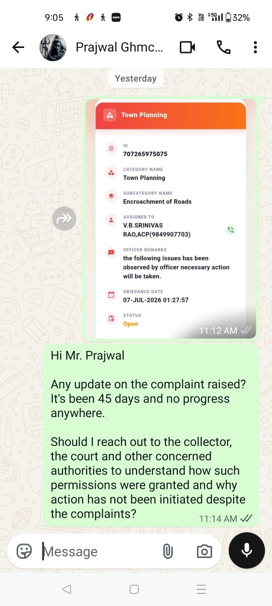 PraneethSimon's tweet photo. @CoreenaSuares2 @TelanganaACB @GHMCOnline @MCMalkajgiri @MC_Cyberabad You should call this ass and ask why this complaint wasn't addressed since 45 days. Road has been encroached with 6 steps on half of road. This was the lane where a 6 year old lost her life falling into the nala. Even the collector is sleeping ? @Comm_HYDRAA @DC_Malkajgiri https://t.co/k8VXVo2OWm