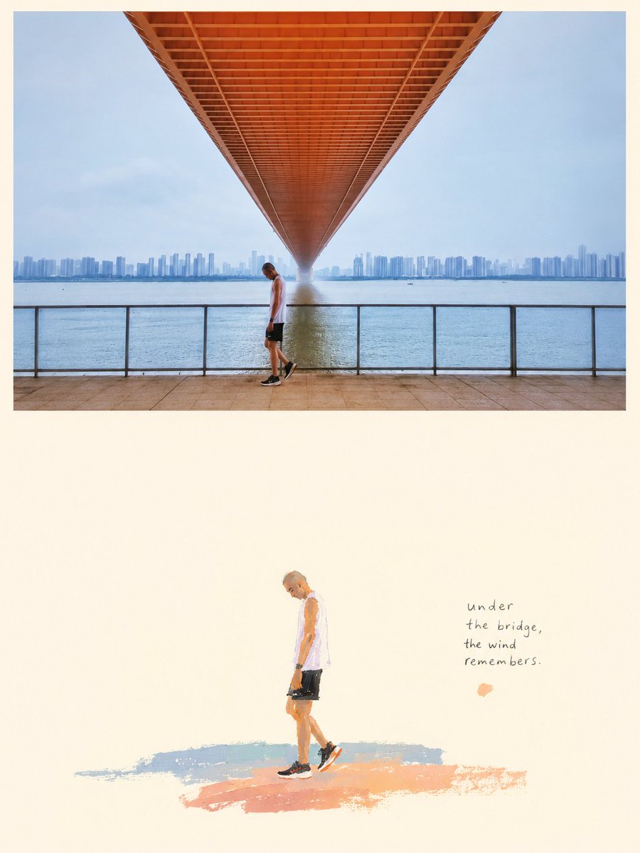 xiaoxiaodong's tweet photo. GPT2 x 暖色 x 色盘 x 美学提示词 x VOL.056

一组魔法级别的提示词
能把你那些独特的情绪
变成一幅带有手绘痕迹的视觉记忆。

强调了：
笔触可以停顿。
颜色可以偏一点。
形态可以有一点笨拙。

提示词如下：

```
😩😰😨😮‍💨
请将我上传的每一张照片分别制作成一张独立的高级设计海报，不多图拼接，每张照片单独输出。整体采用3:4竖版构图，延续上下双层逻辑：上半部分为真实摄影，下半部分为对原图核心意象的绘画式提炼，上下形成现实与记忆之间的呼应。

上半部分保留原始照片，保持主体身份、结构、姿态、真实质感、自然光影和原有色彩氛围，仅进行轻微高级摄影调色，使其具有艺术杂志、独立出版物与展览摄影质感。为适配画幅，可自然扩展环境背景，但不得拉伸、扭曲或改变主体。

下半部分提取照片中最具识别性的**主体、轮廓、姿态与叙事关系**，进一步判断原图真正成立的核心主题、视觉隐喻或审美关系，只保留这一层最值得被记住的信息重新创作。不要完整复刻场景，不追求背景还原，也不要把所有物体逐一转换成插画；主动删除无关环境与细碎信息，只留下一个核心主体及极少数真正参与叙事的关系，使画面像一段被重新整理过的视觉记忆。

下半部分以**极度浅色背景和大面积留白**作为主要空间。背景色不固定，根据原图综合色温与情绪智能匹配为接近白色的极浅综合色，可微暖、微冷或带极轻微色相，但必须轻、净、安静。空白本身承担空气、距离、时间和情绪，让主体拥有充分呼吸感。

构图强调**视觉重心、尺度关系、负空间、方向张力与不完全对称**。主体可偏置、局部裁切、悬置或落在低重心区域，通过大小反差和大片留白建立美感。若原图真正动人的是人与空间、物与环境、两个对象之间的距离或某种偶然关系，应优先保留这种关系，而不是单独描绘物体本身。

绘画语言采用松弛、稚拙而具有艺术感的**不透明水粉、丙烯、粉蜡笔与干性油画质感**，以概括色块、手绘轮廓、局部刮擦、覆盖和不完全填满的笔触塑造主体。形体允许略带笨拙和轻微比例夸张，但主体身份与关键姿态必须准确。画面保留真实绘画中的停顿、修改、露底与偶然痕迹，避免精修得过于光滑。

配色从原图提炼综合色温和最具有生命力的颜色，再转译成一种**温暖、明快、略带稚拙感的艺术家色盘**。整体以奶油黄、杏色、粉橘、珊瑚粉、旧玫瑰等温暖色块，与天空蓝、浅青绿、薄荷绿、灰绿等清凉色形成松弛的冷暖碰撞；允许极少量砖红、橙红、深绿、土褐或黑色作为视觉锚点。颜色不必完全服从真实物体，可根据画面节奏进行局部换色、错色和跳色，但必须保持整体和谐。色块应具有粉质、不透明、略微褪色却依然鲜活的感觉，避免莫兰迪式全面降灰、统一粉彩滤镜、脏褐色和高饱和数字色。

文字不预设固定标题、地点、编号或语种，根据原图的主题、动作、环境、情绪、声音、记忆或隐喻自由生成极少量真正有意义的字、词、短句或片段。文字可以像绘画的一部分自然进入留白、靠近主体、沿空间方向展开，甚至保留少量手写、错位或不完全规整的感觉；整体仍保持克制，不为了“像海报”而机械添加信息。

整体追求**极浅背景、巨大留白、少量主体、鲜活而温暖的色彩关系、稚拙手绘感与明确的视觉隐喻**。画面应安静但不寡淡，治愈但不甜腻，艺术但不故作高级，像一本被艺术家亲手画过的独立出版物。避免完整场景复刻、背景填满、物件罗列、统一粉彩滤镜、精致商业插画、光滑矢量、卡通模板和为了丰富而加入无意义元素。
🥴😵‍💫😓🥱
```