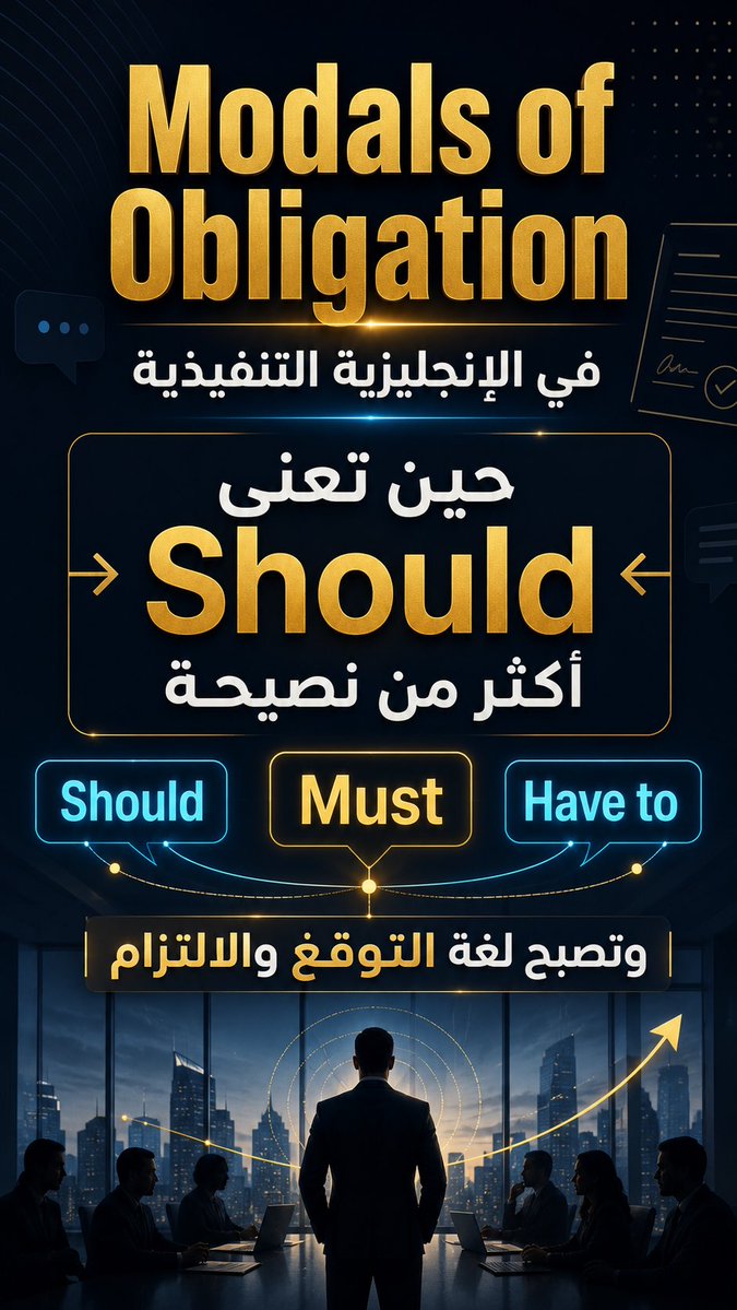 ghubeerr's tweet photo. https://t.co/cZJlYt69t4
Modals of Obligation في الإنجليزية التنفيذية: حين تعني “Should” أكثر من نصيحة… وتصبح لغة التوقع والالتزام https://t.co/qDu9NhZ9TE