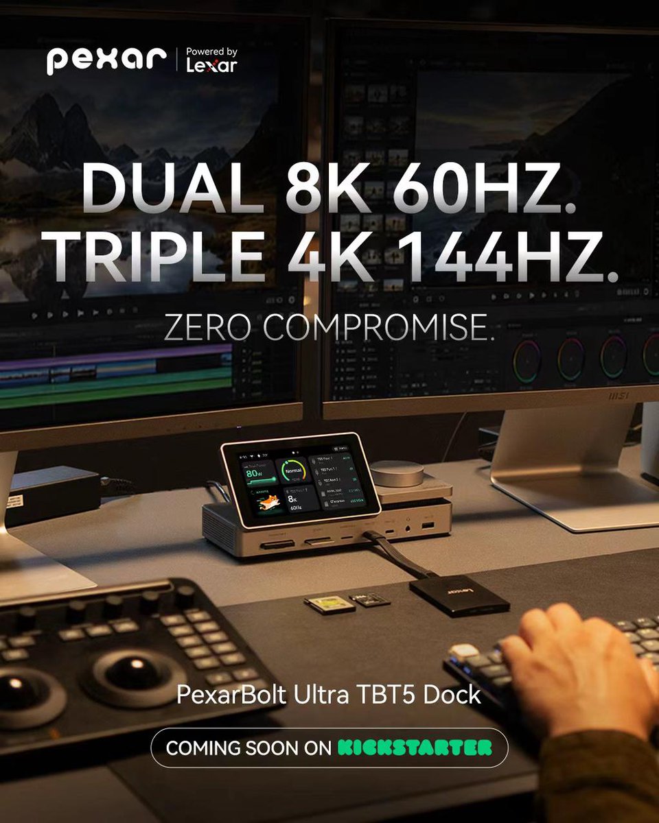 Pexarglobal's tweet photo. PexarBolt Ultra TBT5 Dock powers dual 8K 60Hz or triple 4K 144Hz displays with Thunderbolt 5 and up to 120Gb/s Bandwidth Boost. 🖥️⚡

Built for high-resolution, multi-monitor creative workflows.

See every pixel. Keep creating. https://t.co/RQutQHMUir
