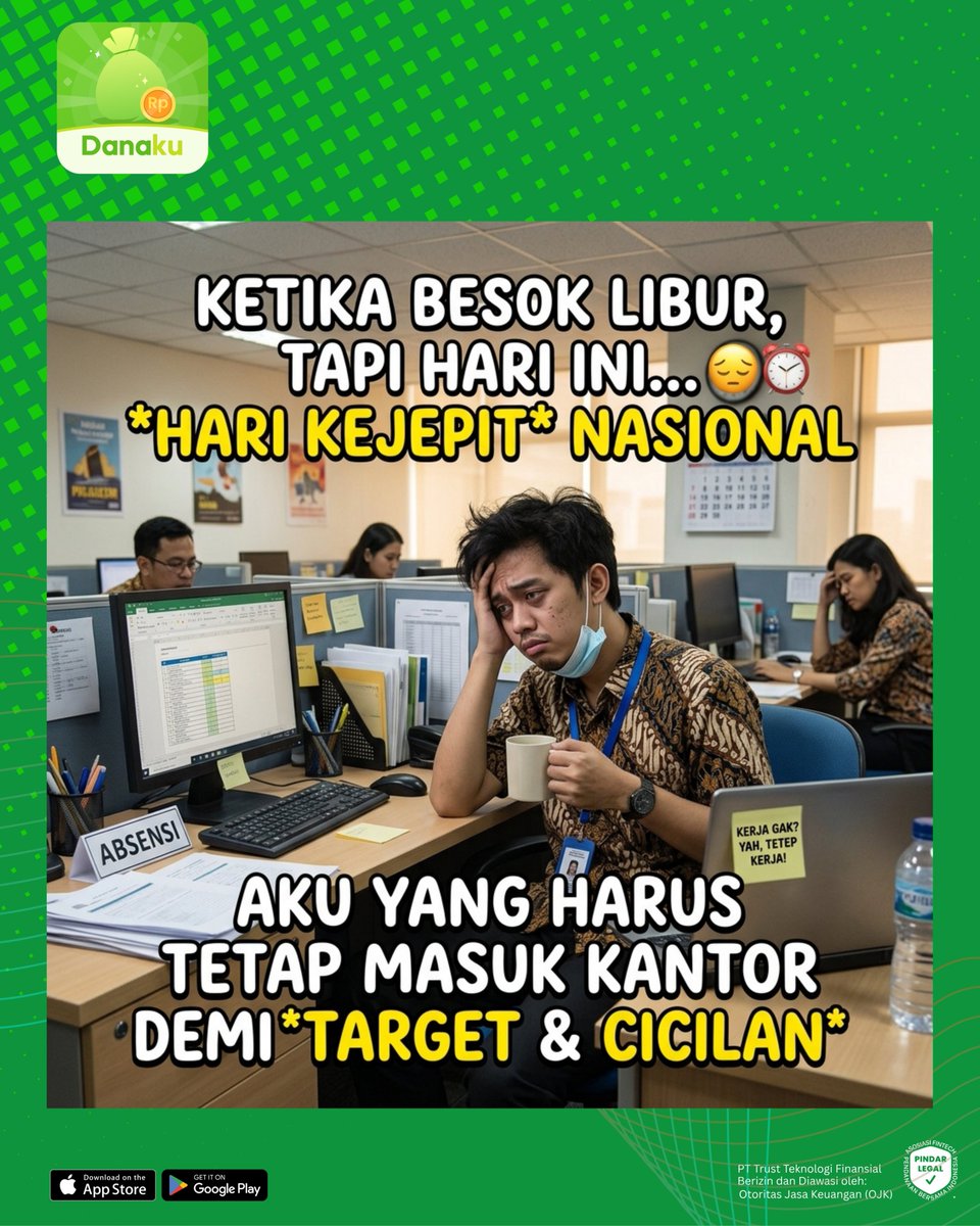 officialdanaku's tweet photo. Orang lain: "Asik libur kejepit, extended weekend!" 🌴🏖️
Saya: Tetap masuk, tatap monitor, kopi hitam 2 cangkir. ☕💻

Jiwa udah liburan, raga masih di kubikel demi target dan cicilan. Siapa nih yang nasibnya sama hari ini? Coba absen di kolom komentar! 👇

#Danaku #HariKejepit https://t.co/W5loqQRqe7