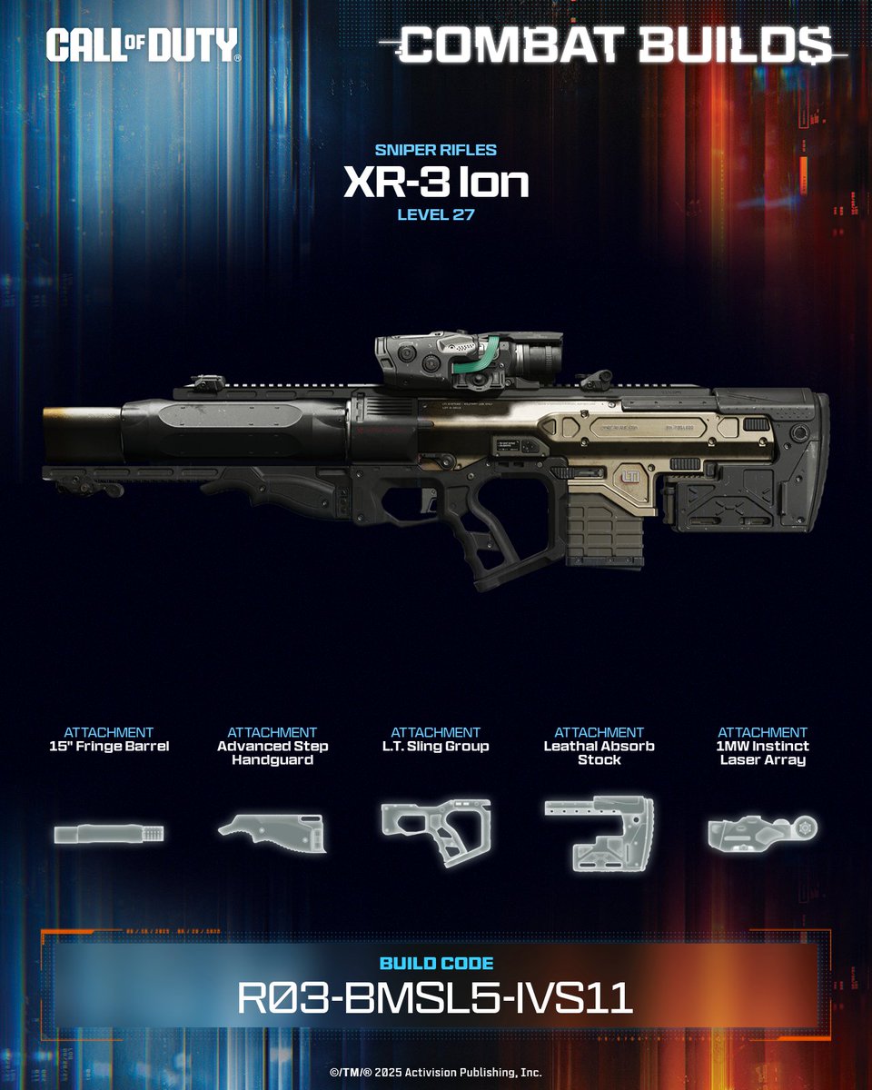Tombstone200's tweet photo. The XR-3 Ion Sniper gets a mobility upgrade in this build with faster swaps, quicker ADS, smoother movement.

💥 Equip this build now ➡️ R03-BMSL5-IVS11 #CallOfDuty #CODCombatBuilds https://t.co/kRmKK3Igo8