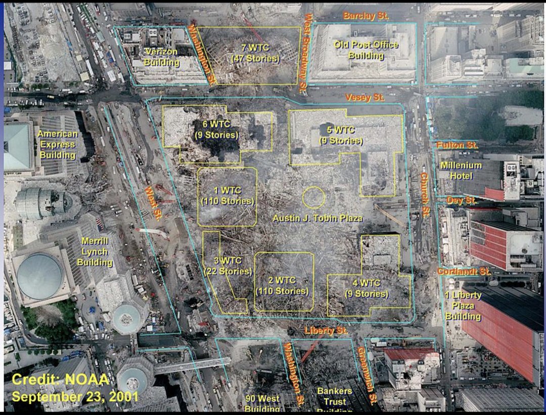 KenwayRon17528's tweet photo. Buildings 5 &6 did not receive the same treatment as wtc 1,2 &7 did.
Why just wtc 1,2 and 7 I dont know. Maybe because they were the tallest which means lots of death which is what they wanted.
Building 5 appears to have sustained severe damage from debris from wtc 1&2, but were removed later and insurance money was collected double by silverstein for all 7.
Check out the arial of all 7 buildings because it looks like 5 &6 have dark circular holes in it from the top which I never fully figured out.
Also a close up pic of wtc 1&2 with just the lobby steel columns but no large amount of debris from the pile driver theory. Also one more pic of wtc2 as its coming down. The angle of which the top is tilted could not sustain the pile driver theory IMHO.