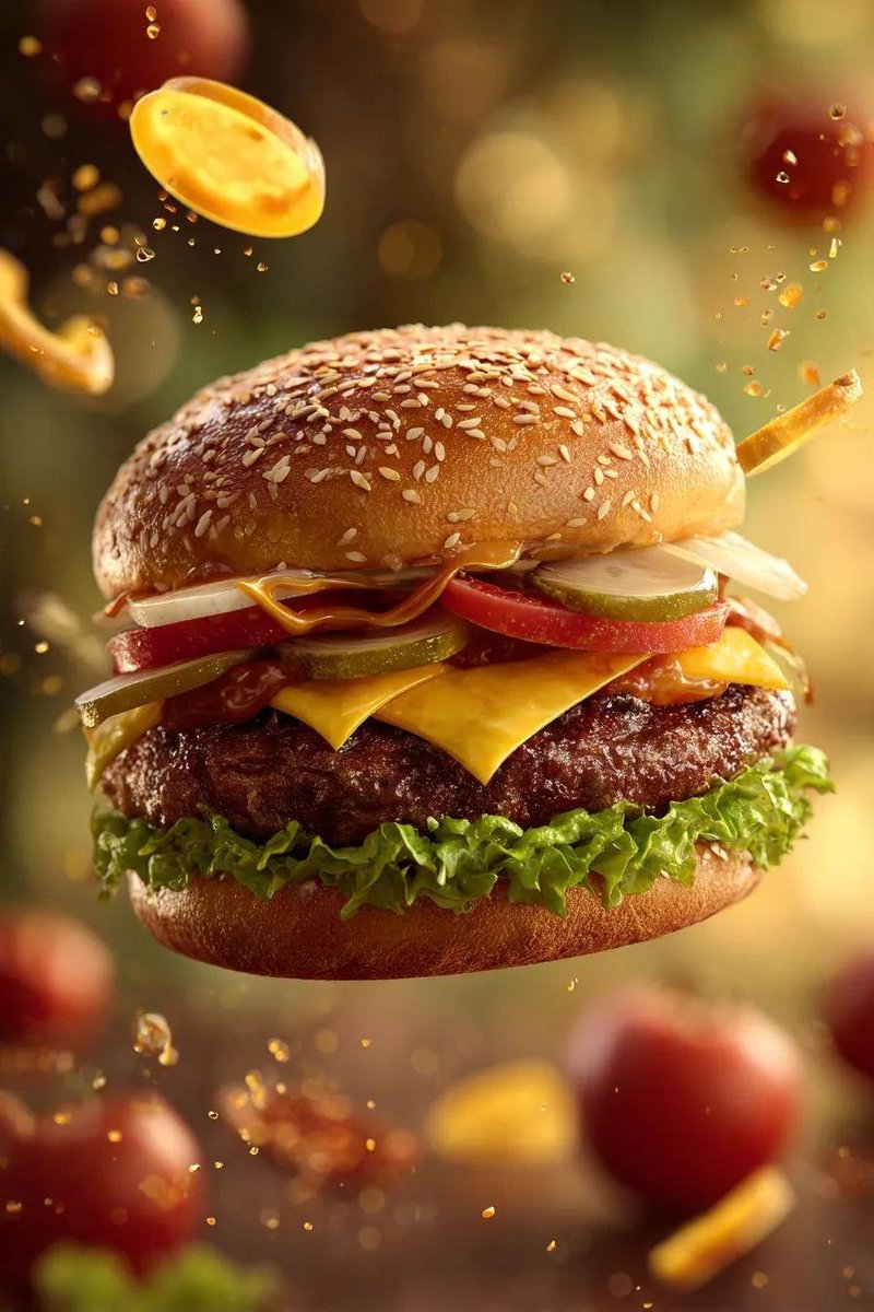 1H77k's tweet photo. Prompt:

A whole, mouthwatering cheeseburger floating and slowly spinning in mid-air, featuring a perfectly toasted sesame seed bun, a thick juicy beef patty with a lightly charred crust, glossy melted cheddar cheese, crisp fresh lettuce, vibrant red tomato slices, crunchy pickles, and rich sauce dripping naturally from the edges. Surrounding the burger, individual cheese slices, tomato rings, pickle slices, and tiny sauce droplets gracefully float and rotate in slow motion, creating a dynamic suspended-motion food commercial scene. Subtle steam rises from the hot beef patty, emphasizing freshness, heat, and juiciness.

Ultra-realistic food photography, premium fast-food commercial aesthetic, cinematic golden lighting, warm highlights, dramatic rim lighting, realistic textures, detailed sesame seeds, glistening melted cheese, juicy meat fibers, fresh vegetables, glossy sauce, natural condensation and steam, shallow depth of field, soft creamy bokeh background, high-speed commercial photography, photorealistic, 8K detail, HDR, crisp focus on the burger, luxurious appetizing color grading, dynamic composition, realistic physics, slow-motion visual effect, professional food advertising, visually irresistible, cinematic masterpiece.

Camera & Motion: 360-degree slow rotation, smooth floating motion, slight camera push-in, macro close-up, shallow depth of field, 85mm food photography lens, cinematic slow-motion capture, frozen flying ingredients with subtle motion trails.

Negative Prompt: cartoon, illustration, CGI look, plastic food, artificial textures, deformed burger, malformed ingredients, duplicate ingredients, floating bun layers, messy composition, oversaturated colors, blurry burger, low resolution, distorted food, unrealistic cheese, excessive steam, text, logo, watermark, hands, people.