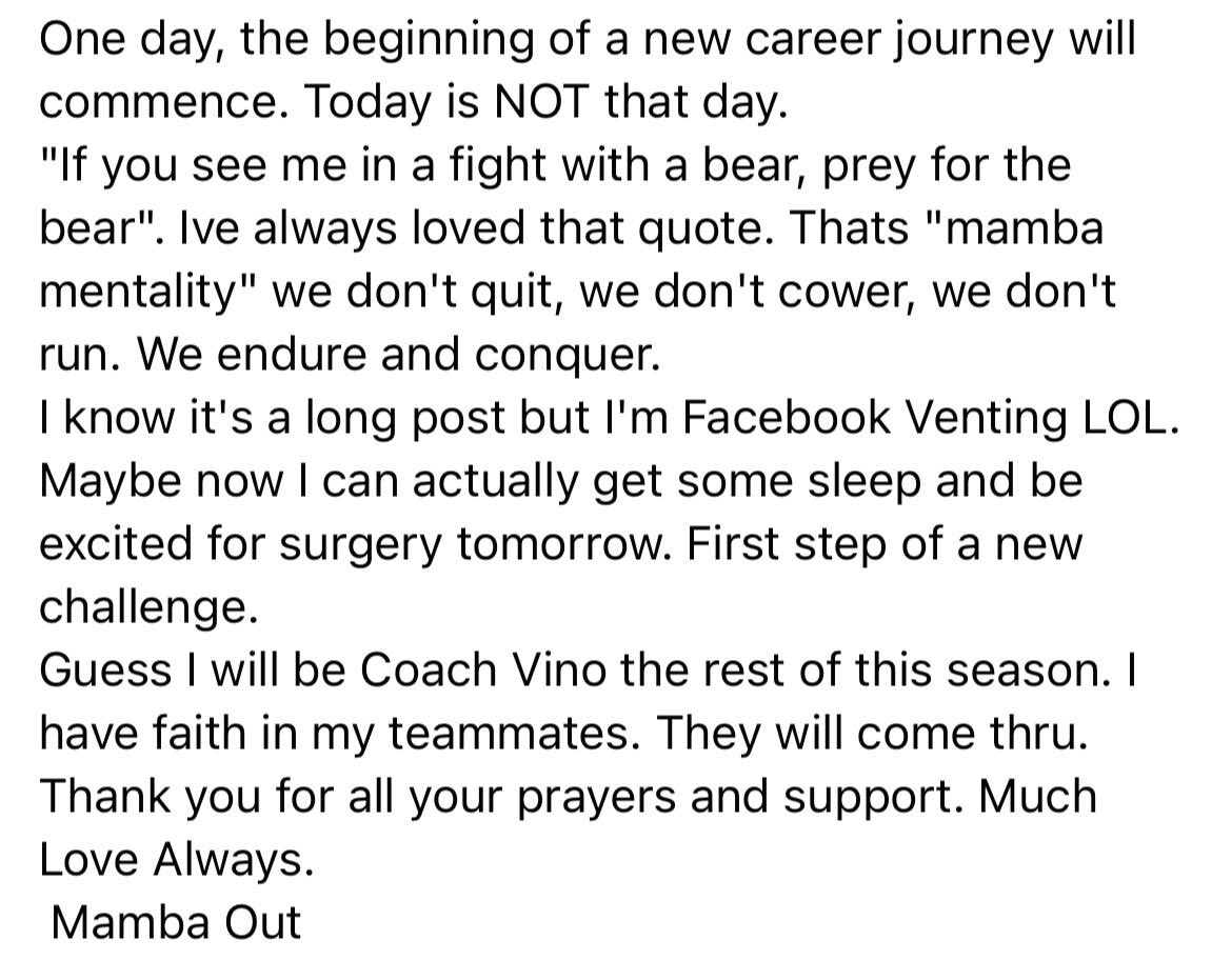 OriginalYoni's tweet photo. The day after tearing his Achilles in 2013, Kobe Bryant was 34 and facing the possibility that his career might be over.

Then he went on Facebook and wrote this.

13 years later, on Kobe Day, it’s still a masterclass in perseverance. https://t.co/m25JsmIoBR