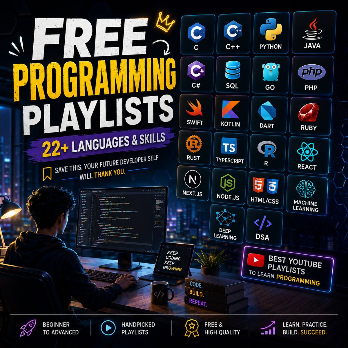 Tech_XRavixAI's tweet photo. THE HIDDEN CODING ROADMAP ON YOUTUBE!

✅ ALL FREE. ↓

C

╰─→ https://t.co/6OSOdbY0KU…

C++

╰─→ https://t.co/6OSOdbY0KU…

Python

╰─→ https://t.co/6OSOdbY0KU…

Java

╰─→ https://t.co/6OSOdbY0KU…

C#

╰─→ https://t.co/6OSOdbY0KU…

SQL

╰─→ https://t.co/6OSOdbY0KU…

Go

╰─→ https://t.co/6OSOdbY0KU…

PHP

╰─→ https://t.co/6OSOdbY0KU…

Swift

╰─→ https://t.co/6OSOdbY0KU…

Kotlin

╰─→ https://t.co/6OSOdbY0KU…

Dart

╰─→ https://t.co/6OSOdbY0KU…

Ruby

╰─→ https://t.co/6OSOdbY0KU…

Rust

╰─→ https://t.co/6OSOdbY0KU…

TypeScript

╰─→ https://t.co/6OSOdbY0KU…

R

╰─→ https://t.co/6OSOdbY0KU…

React

╰─→ https://t.co/6OSOdbY0KU…

Next.js

╰─→ https://t.co/6OSOdbY0KU…

Node.js

╰─→ https://t.co/6OSOdbY0KU…

HTML/CSS

╰─→ https://t.co/6OSOdbY0KU…

Machine Learning

╰─→ https://t.co/6OSOdbY0KU…

Deep Learning

╰─→ https://t.co/6OSOdbY0KU…

DSA

╰─→ https://t.co/6OSOdbY0KU…

Looking for a shortcut to learning? —
These resources could save you a lot of time.

🔖 SAVE THIS FOR LATER.