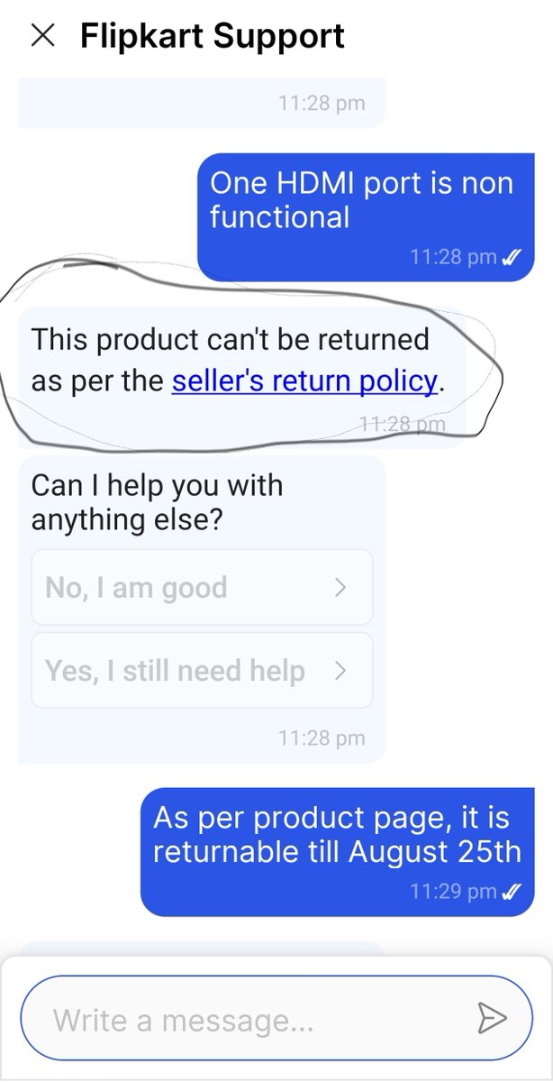 GyaneshGee's tweet photo. @flipkartsupport Your automated reply, giving false statement that product can not be returned as per seller policy. This statement itself is a proof of defective product supply. However, please note that as per product page, monitor is returnable till 25 August. I need replacement only. https://t.co/smIxO8iBoV