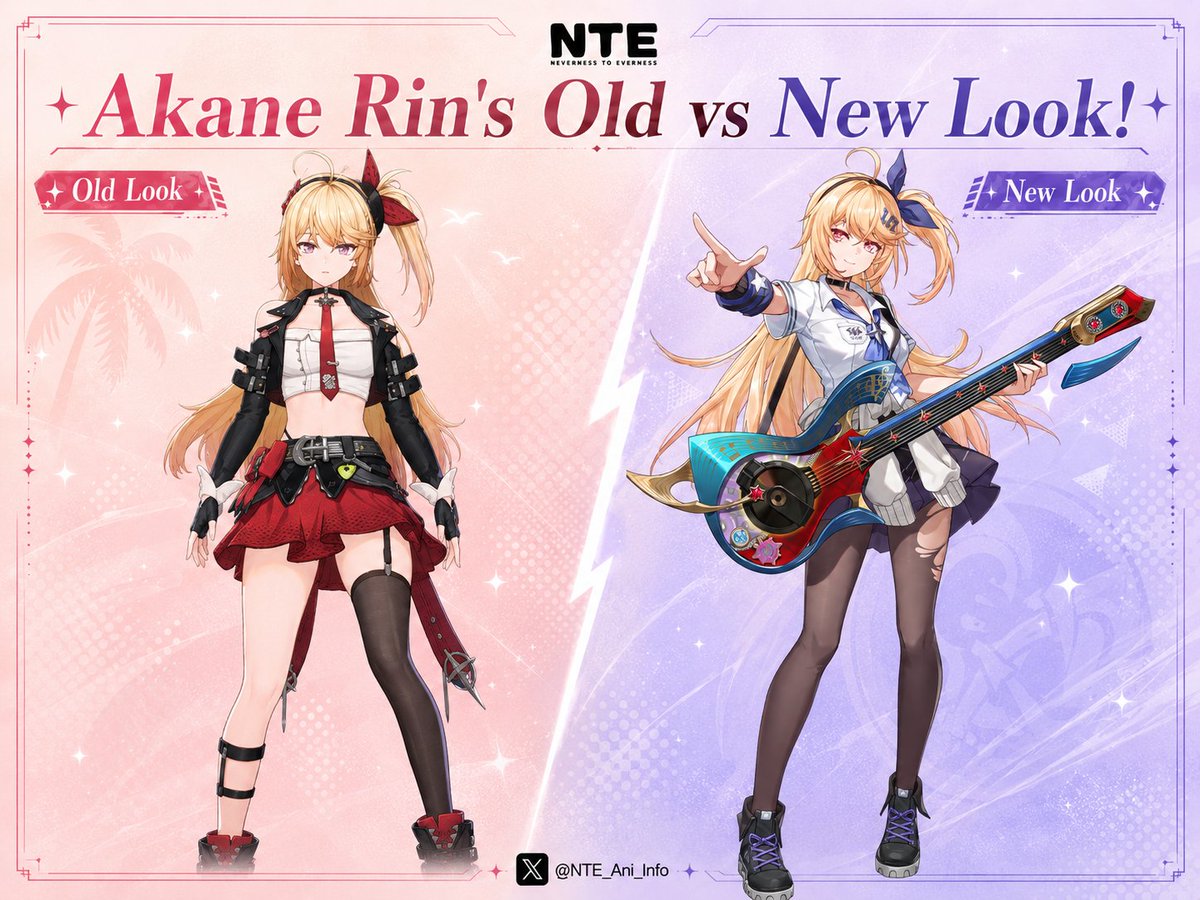NTE_Ani_Info's tweet photo. Akane Rin has gone through some HUGE redesign since her early version!

From a Red &amp; Black look to a Blue &amp; While Look.

Which Akane do you prefer?

Old Look vs New Look

(Knowing the Devs we will get the Red &amp; Black one 100% as well)

#NTE #NevernessToEverness https://t.co/PXv7UgFCKw