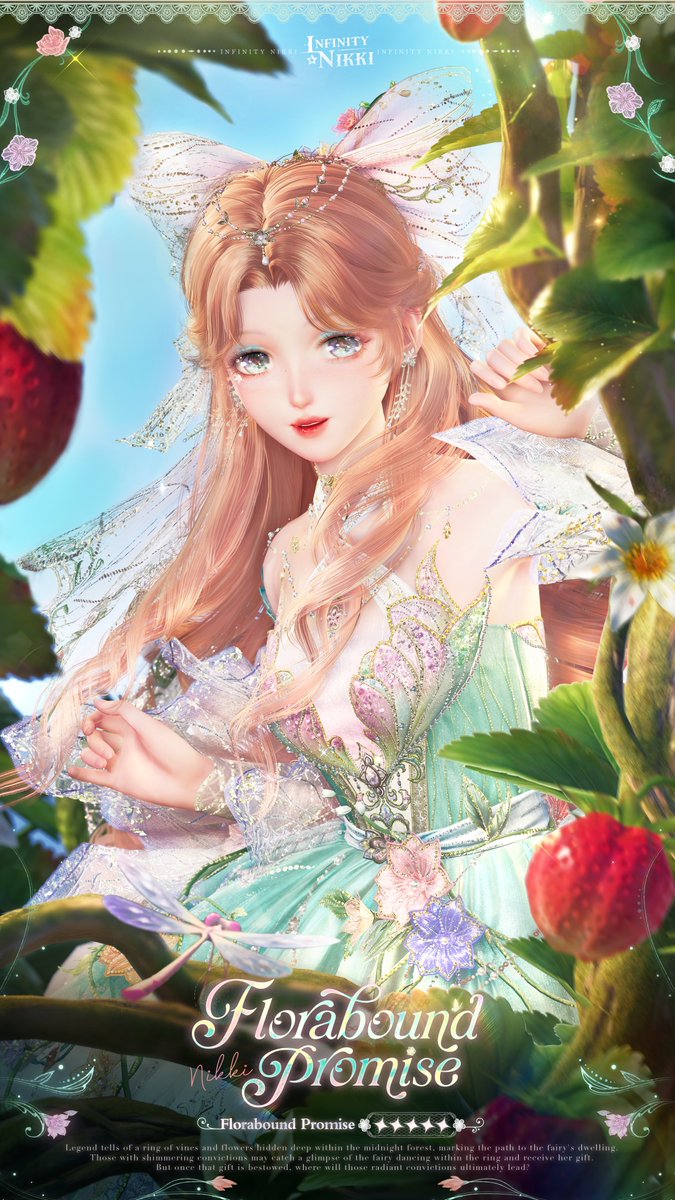 InfinityNikkiEN's tweet photo. ♾Whimsical Wardrobe | Florabound Promise
>> Main Attribute: Sweet

Legend has it that those with shimmering convictions may catch a glimpse of the fairy dancing within a ring of vines and flowers and receive her gift. But once that gift is bestowed, where will those radiant convictions ultimately lead?

🍃 Outfit Ability
Sylvan Glow: The vitality of the forest and blooming flowers transforms into flowing radiance, encircling the hem of her skirt. She receives earth's grace and awakens unending vitality within the echoes.

🍃 Outfit Details
Florabound Promise can be evolved into the following outfits: Florabound Promise: Blazing Heart (Stage 1), Florabound Promise: Pure Radiance (Stage 2), and Florabound Promise: Prismatic Dream (Stage 3). Fully glow it up to obtain the Florabound Promise: Growth outfit.
>> Evolving the outfit to Stage 1 unlocks the pose Dawn Butterfly Whisper.
>> Evolving the outfit to Stage 2 unlocks Sunlit Sway for Framed Moment. You can also use Stamen Heartchime in [Clothing Evolution > Decoration: Radiance] to obtain the decoration Moondew Blossoms: Radiance.
>> Evolving the outfit to Stage 3 unlocks Sunlit Vow: Makeup, a new idle animation, poses, enhanced special effects, and alternative details for certain pieces.

🍃 Heartfelt Limited-Time Resonance: Where Flowers Wake
During the event, select [×10 Resonate] in "Where Flowers Wake" to immediately trigger one bonus 10-draw Resonance. You can receive up to 100 free Resonances in total! Bonus 10-draw Resonances also count toward both guarantee and cumulative draw counts.
❖ During this Heartfelt Limited-Time Resonance, the bonus 10-draw can only be triggered by selecting [Resonate ×10]. Resonances made through [Resonate ×1] do not count toward triggering the bonus. Please take note.
❖ This bonus can be triggered up to 10 times. Once the limit is reached, further 10-draw Resonances will no longer trigger a bonus.

➤ Event Duration
After the Version 2.9 update on August 27, 2026 – September 23, 2026, 12:49 (UTC-7)

➤ Resonance Rewards
Based on your number of Resonance attempts in Where Flowers Wake, you can earn rewards such as selectable makeup boxes, an Avatar Frame, and a Momo's Cloak. Upon reaching 160 Resonance attempts, you can claim the decoration Moondew Blossoms.
This Heartfelt Limited-Time Resonance also features the bonus Glowing Gift!
Based on your total number of Resonances in "Where Flowers Wake," you can also receive the following rewards from "Glowing Gift": Energy Crystals, the lighting "Ripple Cellar Lights," the handheld "Unfulfilled Oath," the face decoration "Tears into Flowers," the pose "Ride the Sunlight," Epiphany Crystals, Resonite Crystals, the outerwear "Dreamwing Night," and Radiant Prisms.
❖ Glowing Gift is exclusive to the current Heartfelt Limited-Time Resonance, Where Flowers Wake.

➤ Resonance Rules
During the event, use Revelation Crystals, Summer Exclusive Revelation Gems, or Limited-Time Revelation Crystals to resonate in Where Flowers Wake. Every 10 Resonances guarantees one 4-star or higher piece, and every 20 Resonances guarantees one 5-star piece.
>> This Resonance event includes the "Ocean's Blessing" feature, allowing you to select 1 piece of the Florabound Promise outfit for the upcoming Resonances. Once selected, for the first 5 times you obtain a 5-star piece, it will be the one you chose. Ocean's Blessing can only be used once, so please choose carefully.

Note: Some makeup shown in the image is for reference only. The outfit's actual presentation may vary in the game.

——
➤ Infinity Nikki Version 2.9 Bloom Beneath Bright Skies launches globally on August 27 (UTC-7)!
➤ Download Now: https://t.co/soaPebzlY9
➤ Join us on Discord: https://t.co/QvZPw1gJOV
#InfinityNikki
#BloomBeneathBrightSkies