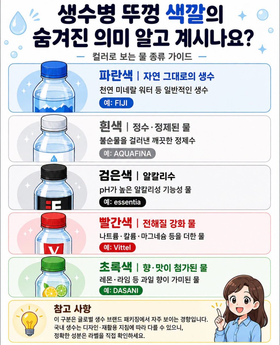 youngdeokkim1's tweet photo. 생수병 뚜껑 색깔  표시

1. 파란색  

자연 그대로의 생수

2. 흰색

정제.정수된 물

3. 검은색

알카리수

4. 빨간색

전해질 강화물

5. 초록색

향 맛이 첨가된  물 https://t.co/XPJs6qBnMX