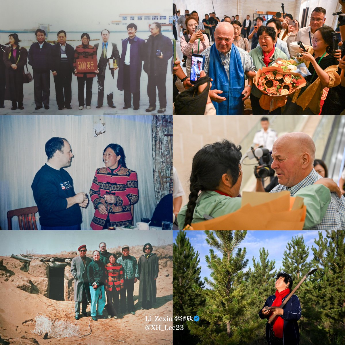 XH_Lee23's tweet photo. He made a generous donation. She kept her promise to plant trees.

🇺🇸He, Ronald Sakolsky, donated $5,000 in 1999 to support her planting trees in the desert.

🇨🇳She, Yin Yuzhen, has planted over 50000 trees in the desert.

After 27 years, they reunited in China, both in tears. https://t.co/rRRkL3R1mr