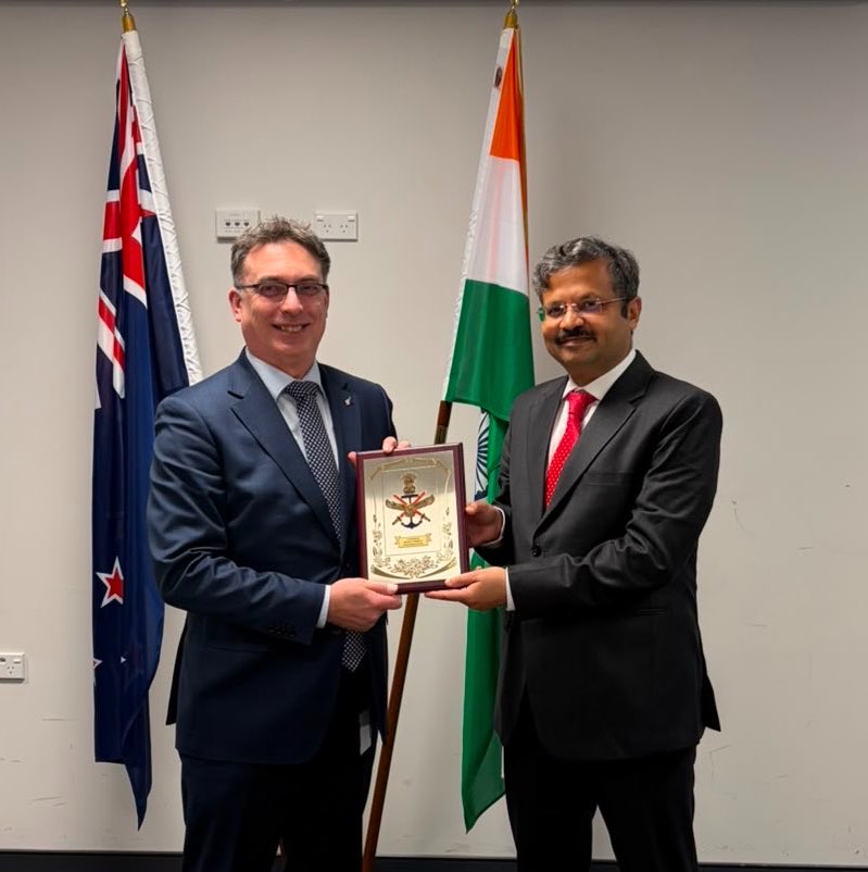 SpokespersonMoD's tweet photo. Joint Secretary Shri Amitabh Prasad and Deputy Secretary, New Zealand Ministry of Defence, Mr Richard Schmidt co-chaired the 2nd #IndiaNZ Defence Strategic Dialogue in Wellington, New Zealand on August 24, 2026.  The Dialogue focused on advancing maritime security, joint training and #defencecooperation, while furthering the objectives of the Roadmap 2030. 

@IndiainNZ 
@NZinIndia 
@MEAIndia