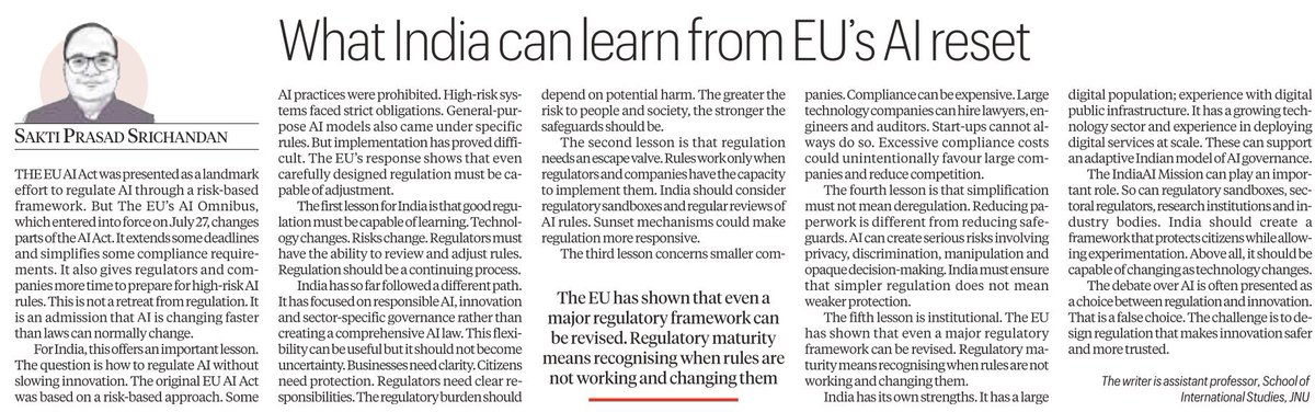 spsrichandan's tweet photo. My views on "What #India can learn from #EU's AI reset" in Indian Express, 24/08/2026
https://t.co/Z9CWR1Nynr https://t.co/Xf6NoYtLOC