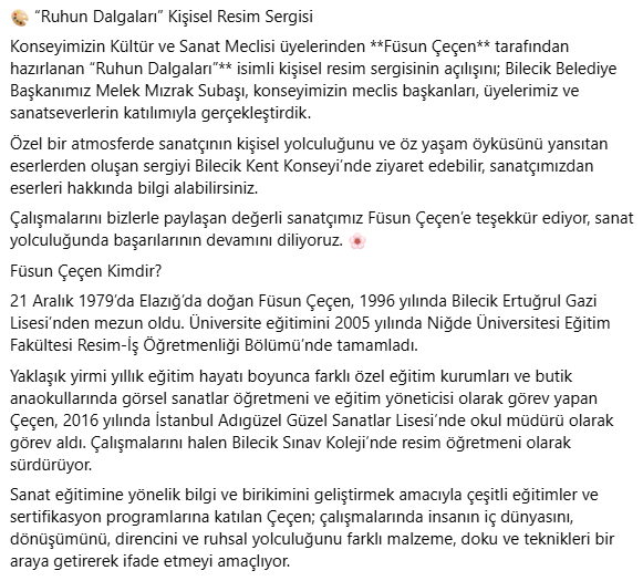 BilecikKent's tweet photo. “Ruhun Dalgaları” Kişisel Resim Sergisi

Konseyimizin Kültür ve Sanat Meclisi üyelerinden  Füsun Çeçen tarafından hazırlanan “Ruhun Dalgaları” isimli kişisel resim sergisinin açılışını; Bilecik Belediye Başkanımız Melek Mızrak Subaşı, konseyimizin meclis başkanları, ++ https://t.co/Q5CKdvTpbV