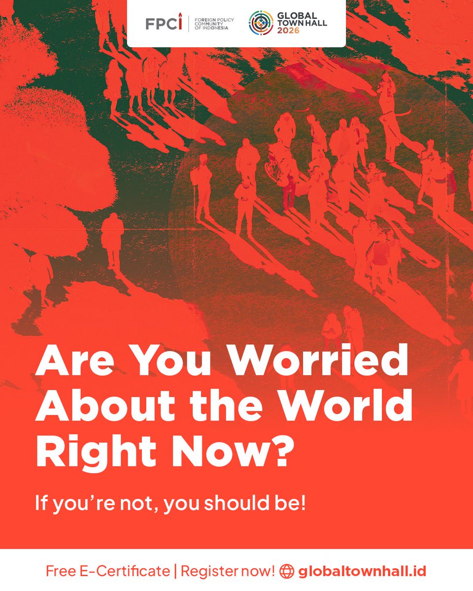 fpcindo's tweet photo. Are you worried about the world right now? If you're not, you should be.

Rising conflicts, weakening international law, eroding justice — these are signs of a crumbling rules-based order. Yet amid it all, we're seeing signals of hope, as civil societies step up to help turn the tide.

This is what underlies this year's #GlobalTownHall theme: Calling for a Global U-Turn: Recentering Development, Reclaiming Humanity, Restoring Justice in a Crazi(er) World.

SAVE THE DATE! Saturday, 19 September 2026. Free E-Certificate for all participants, so secure your spot now via https://t.co/W3yKShza0L #GTH2026