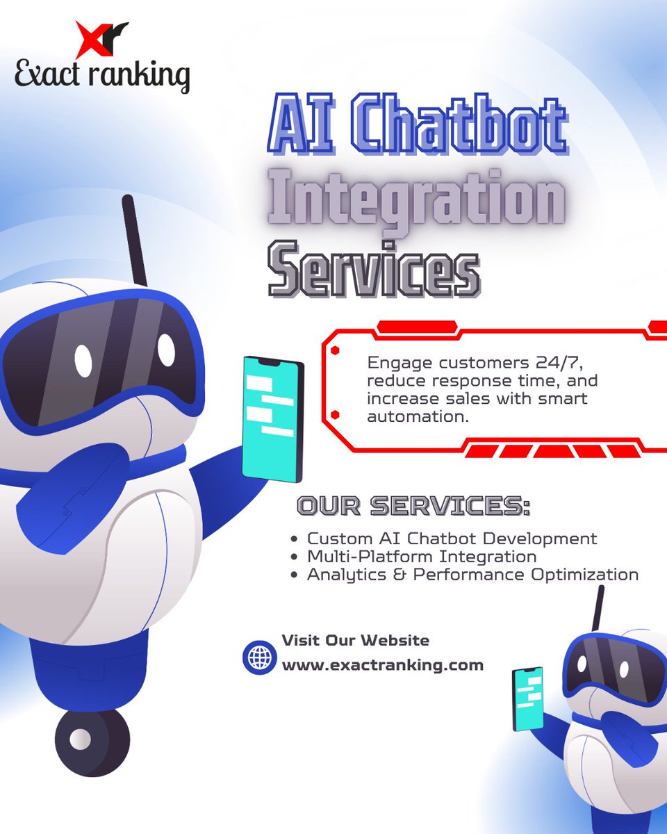 ExactRanking's tweet photo. Enhance customer engagement and streamline business operations with AI-powered chatbots.
#AIChatbot #ChatbotDevelopment #Integration #ArtificialIntelligence #GenerativeAI #AIAutomation #ConversationalAI #MachineLearning #DigitalTransformation #AIChatbotIntegration #ExactRanking https://t.co/q7mIBW1Kpg