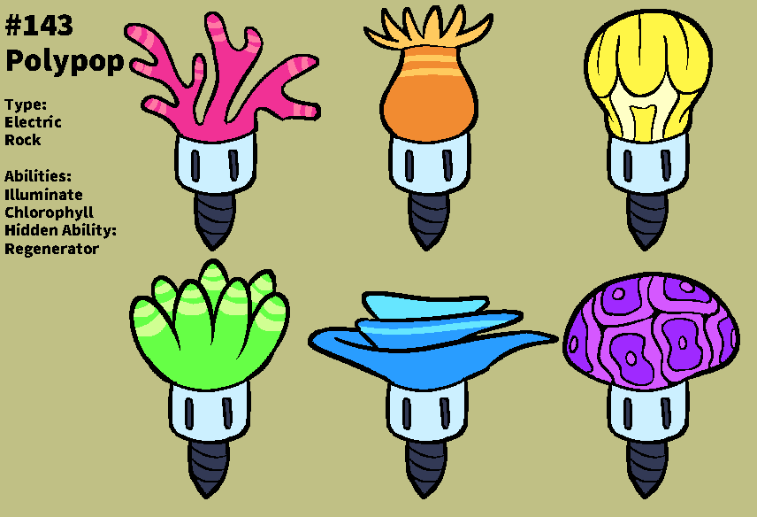 NamakoBussey's tweet photo. Meet Polypop, the coral Pokémon, which comes in six different forms! It bores into rock and sits in place to gather sunlight! The coral-like structure on its head makes for a stunning sight, especially in the dark!
#Fakemon https://t.co/p9qWPHPMwg