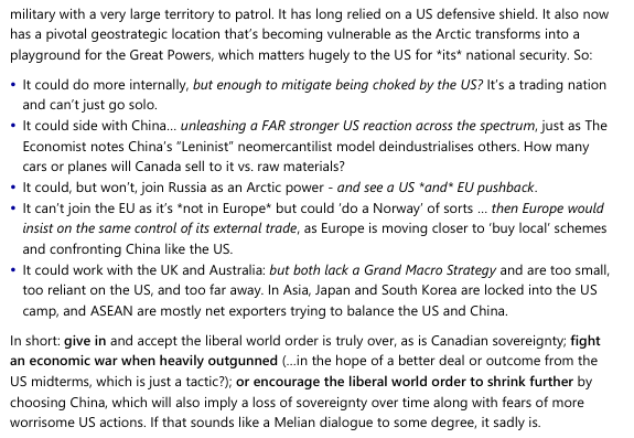 TheMichaelEvery's tweet photo. My thoughts on what we've seen over the last few days in the Global Daily is below.

In short, with a confluence of wars and “economic wars”,  the US is clearly saying it will do "Whatever It Takes" in a very different way to Draghi back in the days when central banks ruled the roost.

Nowadays it’s about the application of physical power to markets as well as the financial. 

You can print money. You can’t print atoms. But, for a while at least, you can print money to get the stuff to get you atoms.

While the direct impact of the US-Canada "economic war" now being discussed is very small for world markets, symbolically it matters hugely. 

All so-called Middle Powers, and China and Russia, will be watching to see who wins, just as they are with the US vs. Iran. 

Markets will certainly move on *that* dynamic, meaning both the Middle East and the emergence, or failure, of a U.S. Grand Macroeconomic Strategy balancing bloc vs. China.