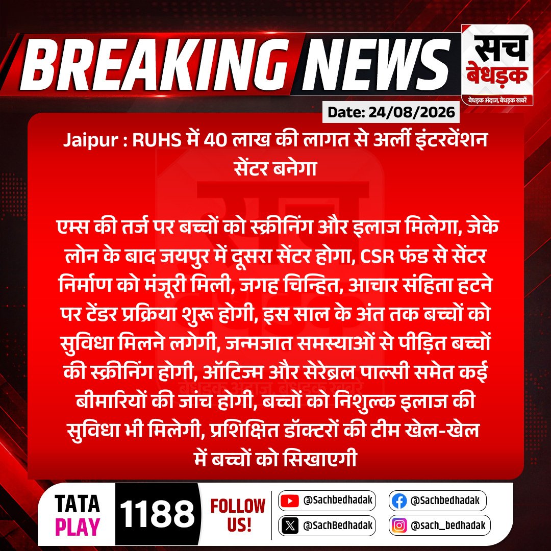 SachBedhadak's tweet photo. #Jaipur : RUHS में 40 लाख की लागत से अर्ली इंटरवेंशन सेंटर बनेगा
एम्स की तर्ज पर बच्चों को स्क्रीनिंग और इलाज मिलेगा, जेके लोन के बाद जयपुर में दूसरा सेंटर होगा, CSR फंड से...
#RajasthanWithSB #RUHS #EarlyInterventionCentre #ChildHealthcare @RuhsJaipur @RajGovOfficial https://t.co/1Ybv7HMIbI