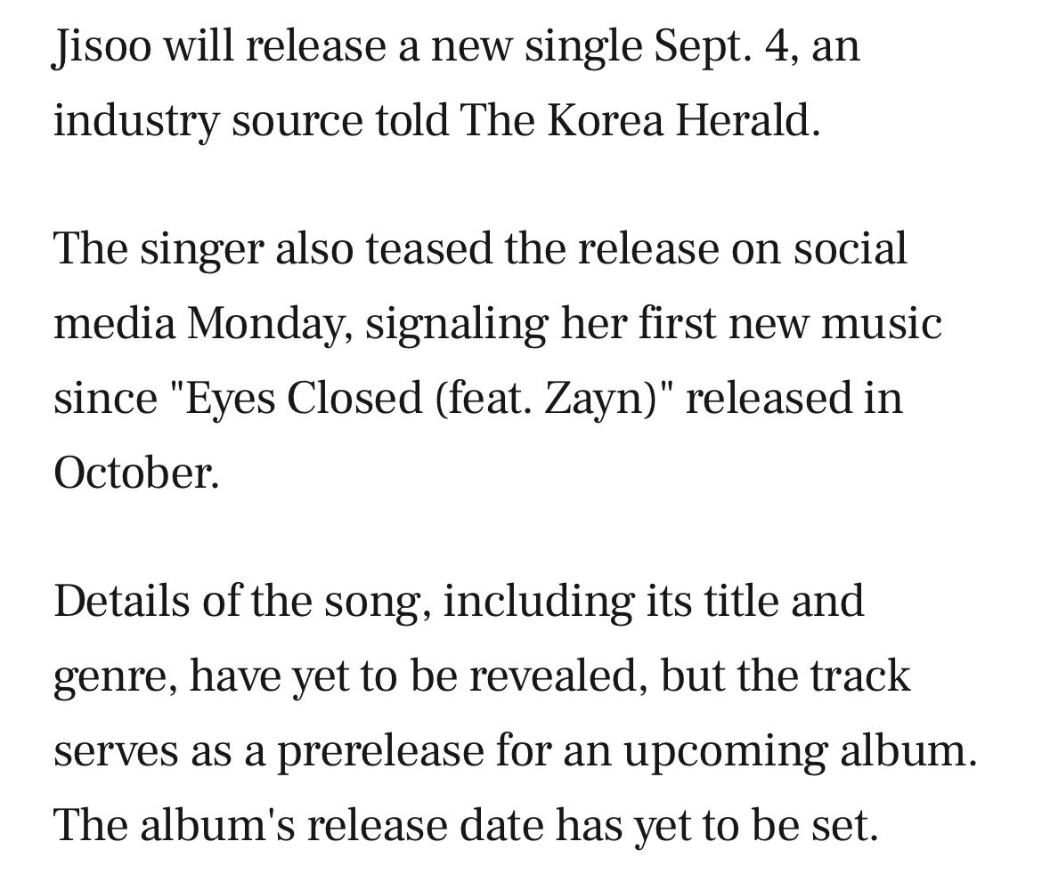 yk2aii's tweet photo. #JISOO is set to release a new single on Sept. 4 ahead of her first full-length solo album! The MV was filmed in northeastern Bangkok and directed by Grammy-winning Joseph Kahn. No featured artist marking her first new music in nearly 11 months since “Eyes Closed.” https://t.co/ELE0tC83w4