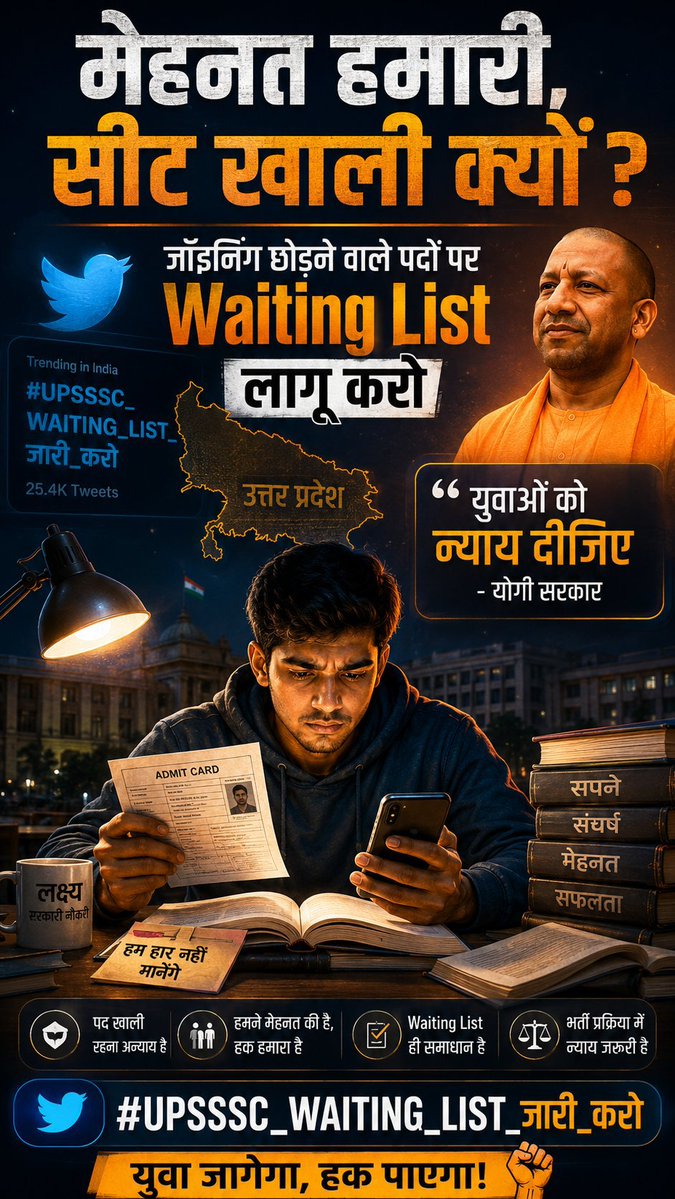 manua672000's tweet photo. एक अवसर किसी का भविष्य बदल सकत��� है।
यदि सीटें शेष हैं तो #UPSSSCWaitingList जारी कर अभ्यर्थियों को मौका दिया जाए। @CMOfficeUP @ChiefSecyUP
#UPSSSC_WAITING_LIST_जारी_करो
#UPSSSCWaitinglist https://t.co/vfvJcgIk1M