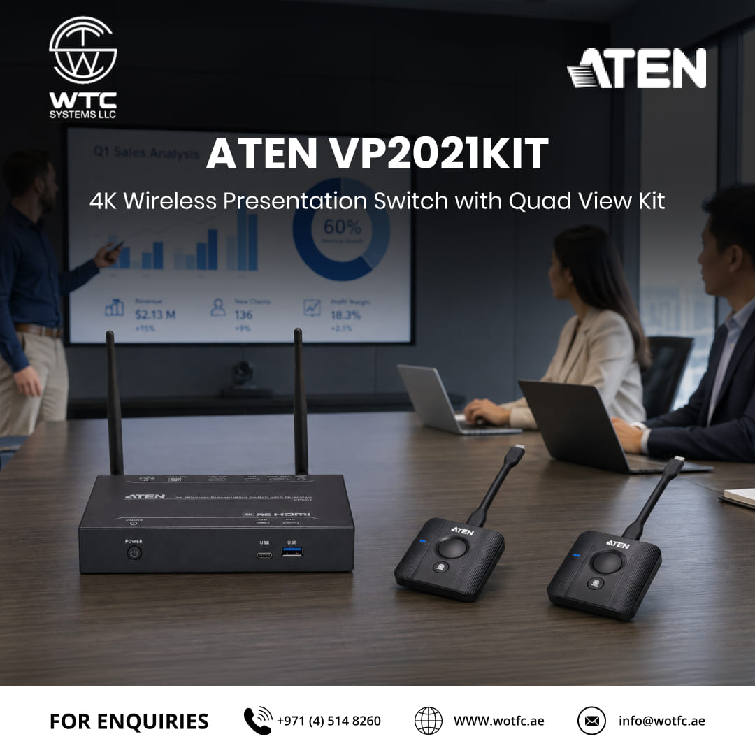 WTC_SYSTEMS_LLC's tweet photo. Experience smarter collaboration with the ATEN VP2021KIT – 4K Wireless Presentation Switch with Quad View Kit.
For reliable AV and collaboration solutions, contact WTC Systems LLC.
#ATEN #VP2021KIT #WirelessPresentation #4KPresentation #QuadView #AVSolutions #WTCSystems #Dubai https://t.co/GBUiuG3eQ2