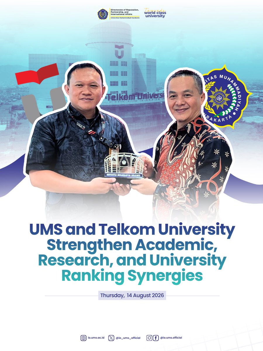 io_ums_official's tweet photo. Universitas Muhammadiyah Surakarta (UMS) conducted an academic and research cooperation visit to Telkom University in Bandung on August 14, 2026.

n, Creating Impact.

#UMS https://t.co/jvVdOKD4iR