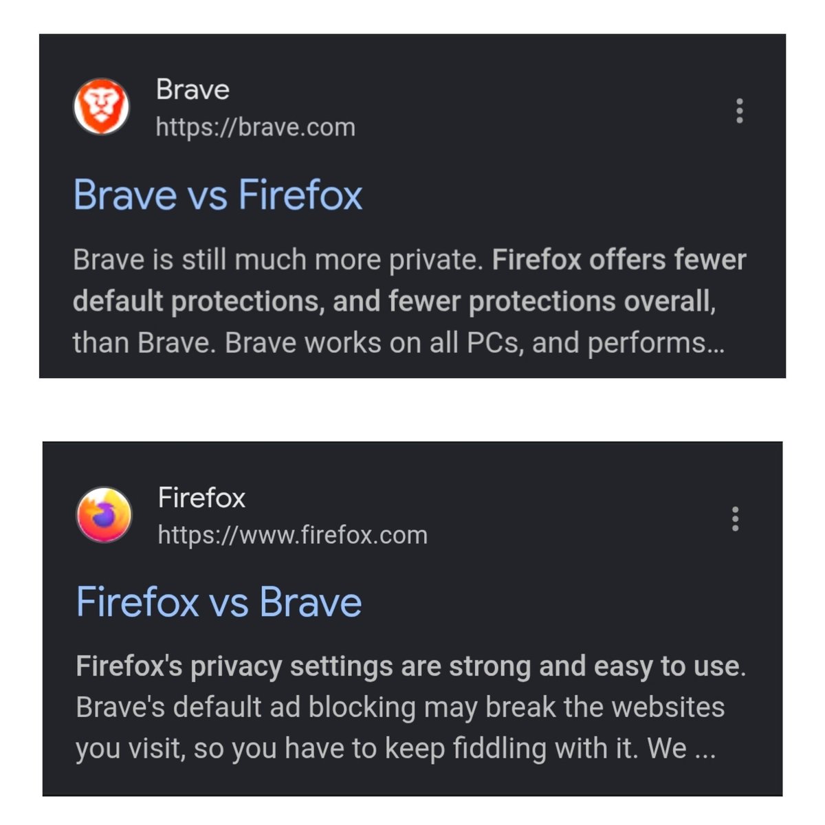 SaraDiscovers's tweet photo. Brave says “Trust us.” Firefox says “Trust us.”

At this point who am I supposed to trust? https://t.co/rSdcDOUfjg