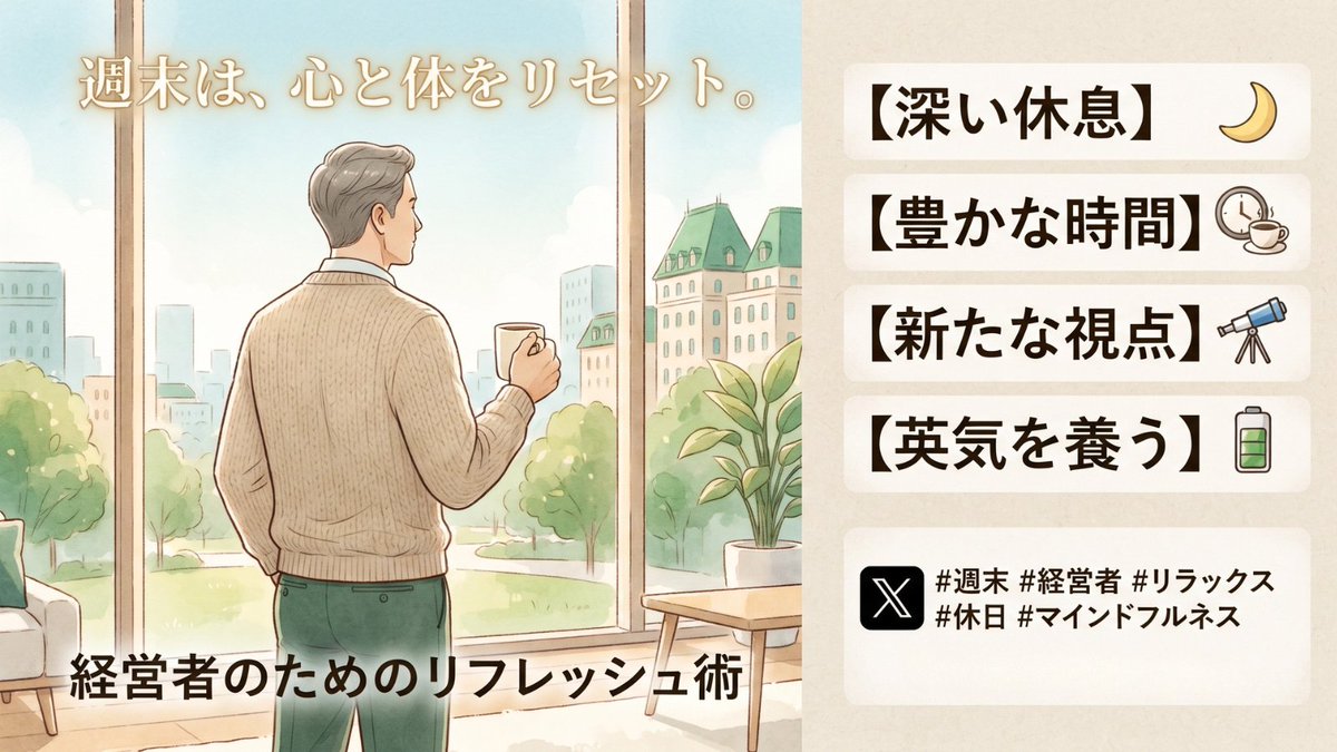 suMizuno's tweet photo. 今週もお疲れ様でした。
経営者は常に孤独で、休んでいても会社のことが頭から離れないものです。
しかし、最高の意思決定は、クリアな頭から生まれます。
今週末は一度仕事から離れ、リフレッシュする時間を最優先にしましょう。
#経営者 #週末の過ごし方 https://t.co/uOfPhe7QBz