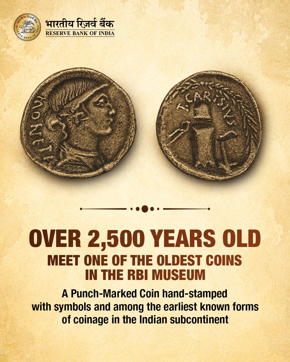 RBI's tweet photo. More than 2,500 years ago, these small pieces of silver transformed the way value was exchanged. ​

Known as Punch-Marked Coins, they are among the earliest known coins of the Indian subcontinent, each bearing symbols stamped by hand rather than engraved. ​

Discover these remarkable artefacts and more at the RBI Museum. ​

#RBIMuseum #DidYouKnow #HistoryOfMoney