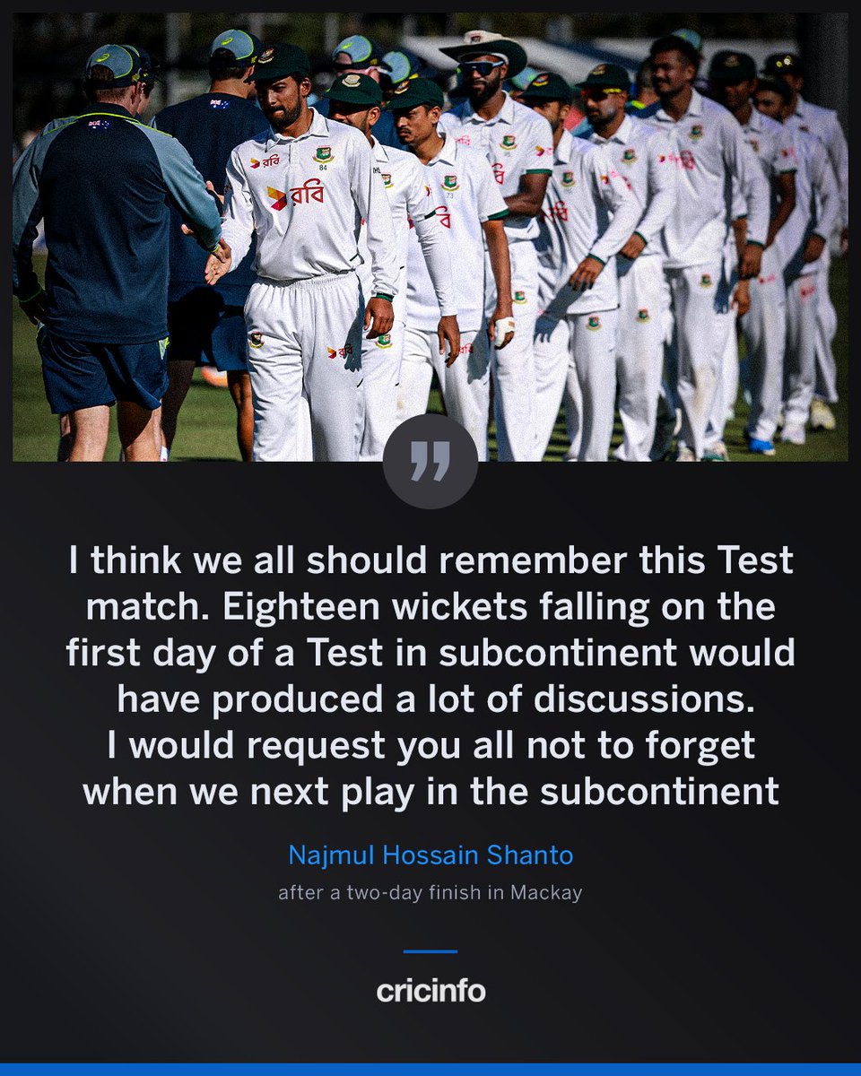 cricinfo's tweet photo. 18 wickets on the first day and a Test finished inside two days. Would the conversations be different if this had been the result in the subcontinent? https://t.co/vAVUlxMi5U