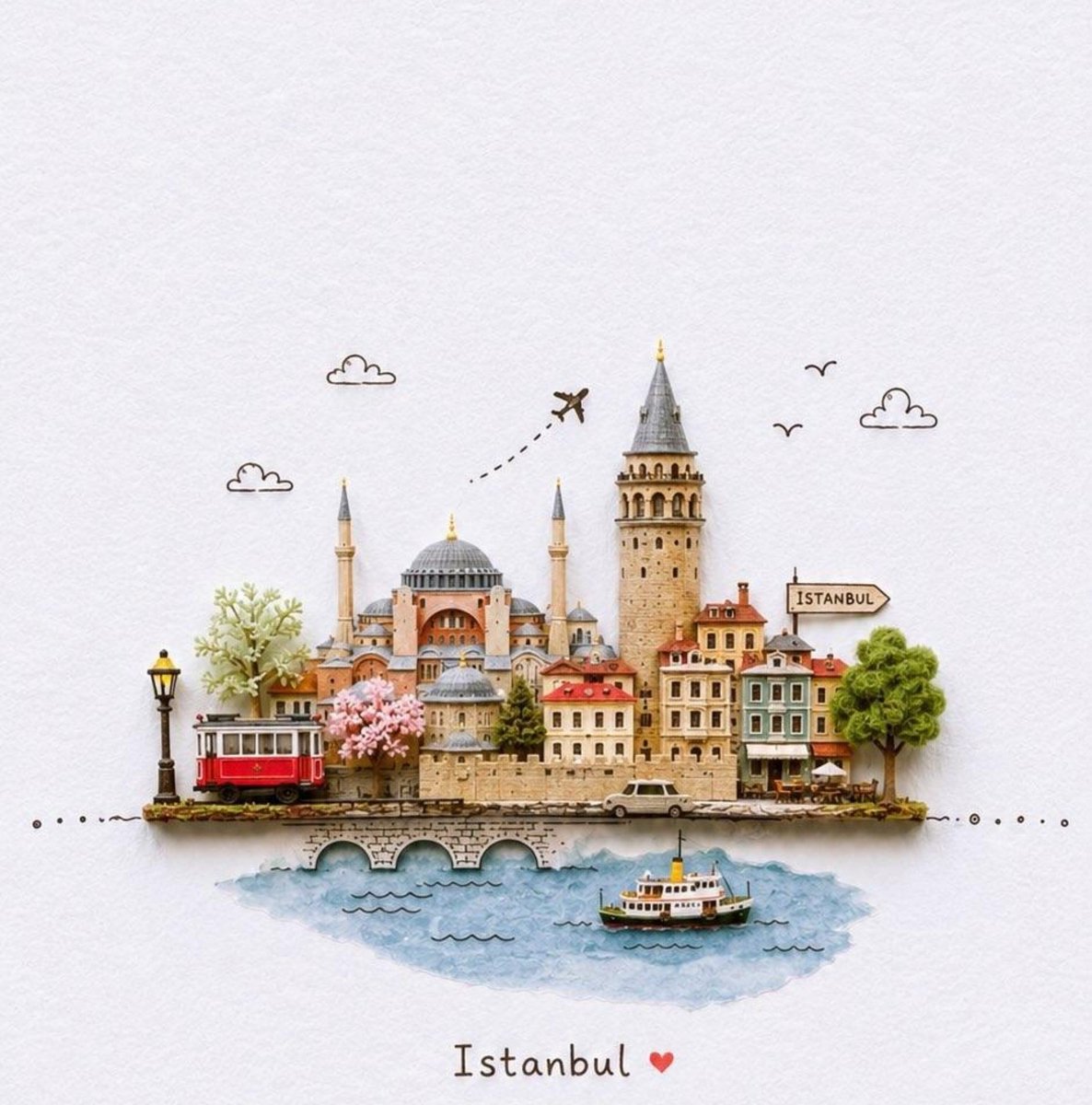 Taaruk_'s tweet photo. GPT IMAGE 2 on Chatgpt 

Prompt:
Create a charming miniature 3D travel illustration on a clean white textured paper background, inspired by a handcrafted paper-cut souvenir postcard. Build a small floating city diorama featuring the iconic landmarks and cultural symbols of [CITY/COUNTRY] arranged together on a narrow elevated stone-and-brick platform, with a soft watercolor-painted patch of blue water underneath. Include recognizable local architecture, monuments, transportation, trees, street lamps, flags, small signs, and a few tiny people, all rendered as detailed handcrafted miniature models. Add a small airplane flying overhead with a playful dotted flight path, simple hand-drawn clouds and birds in the surrounding negative space. Use soft pastel colors, subtle warm lighting, delicate shadows, realistic miniature textures, paper-cut edges, handcrafted clay-and-paper aesthetic, whimsical yet sophisticated travel-poster design, lots of clean white negative space, centered composition, adorable collectible souvenir aesthetic. Add elegant handwritten-style text at the bottom reading “[CITY] ”. Vertical 4:5 composition, highly detailed, polished, clean, nostalgic, premium travel illustration, no clutter, no photorealistic background.