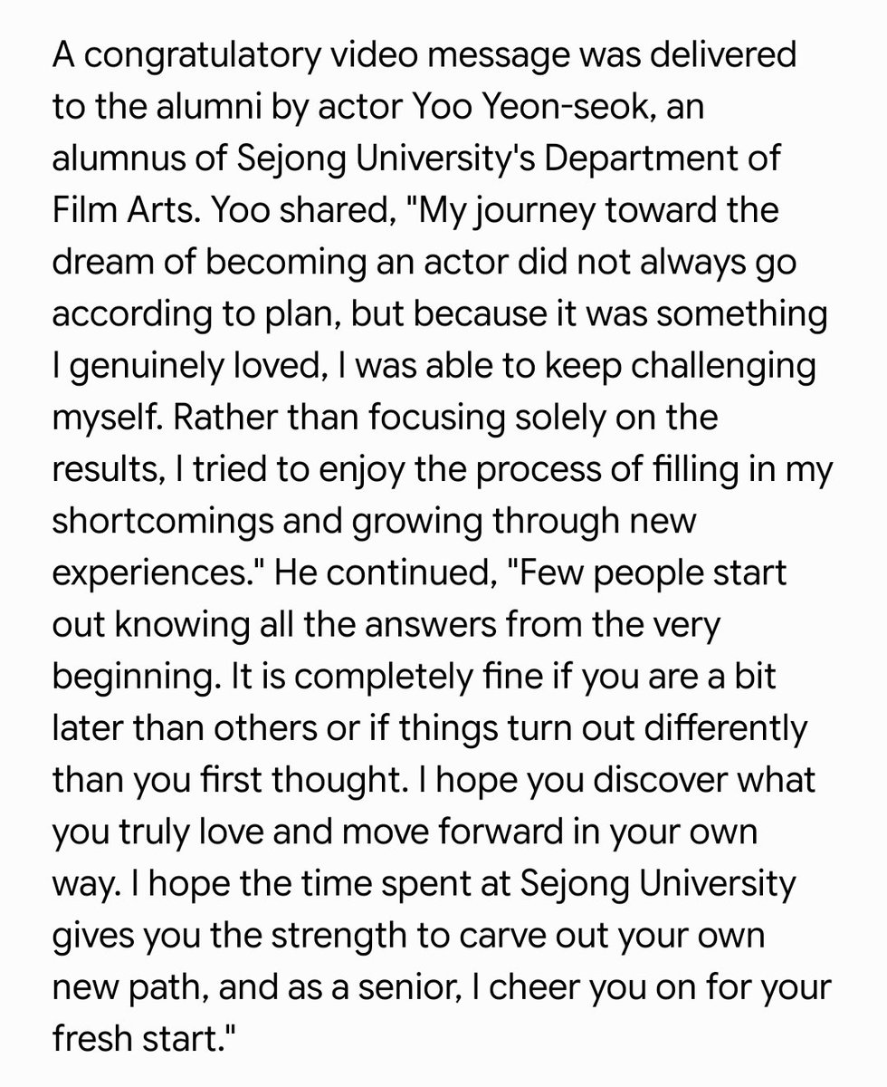 Yeonseok411_IFC's tweet photo. 20260824📰 #YooYeonSeok's  congratulatory video message for Sejong University's 84th Fall Graduation Ceremony

"..Few people start out knowing all the answers from the very beginning. It's completely fine if you're a bit later than others or if things turn out differently than.." https://t.co/uJ7TOPkCMD