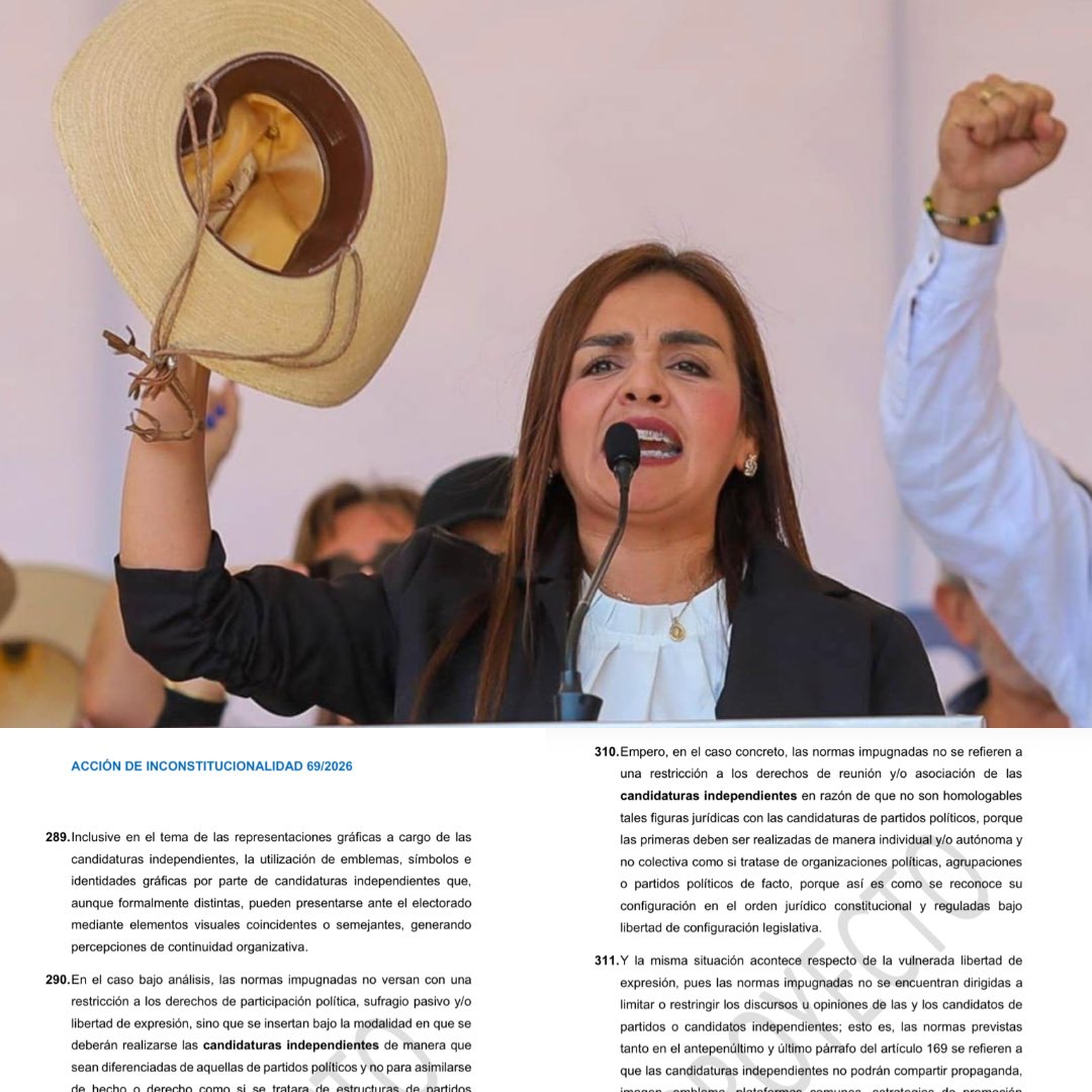 ErnestoGuerra_'s tweet photo. MAÑANA EL MINISTRO CHICHARRÓN VALIDARÁ LA REFORMA QUE ENDURECE DERECHOS A GRECIA QUIROZ Y EL MOVIMIENTO DEL SOMBRERO

Las reformas prohibieron ‘coordinarse electoralmente’ entre candidaturas independientes, compartir propaganda, plataformas políticas, emblemas, imágenes, colores, es decir presentarse como MOVIMIENTO, bloque, frente.

Se trata de la acción de inconstitucionalidad 69/2026.

El Congreso Local de Michoacán aprobó reformas al Código Electoral que publicó el 26 de mayo de 2026.

Estas reformas restringen derechos a las candidaturas independientes.

Movimiento Ciudadano impugnó el Decreto 476 que reformó esta gran lista de artículos del Código Electoral:

  👉1; 3; 3 Bis; 4; 13; 13 Bis; 14; 18; 21; 34; 37 Bis; 39; 45; 51; 56; 57; 58; 60; 61; 62; 64; 69 D); 69
F); 69 G); 69 H); 69 J); 69 K); 69 L); 69 M); 69 N); 82; 83; 84; 152; 157; 158; 169; 189; 190; 191; 192; 193; 207; 210; 213; 215; 230; 264 Bis; 264 Quinquies; 303; 304; 318; 339; 341; se adicionan los artículos 171 Bis y 318 Bis; y se derogan la fracción VII del artículo 69 m); el inciso b) de la fracción XV del artículo 158; la fracción XI del artículo 171; y las fracciones II y III del artículo 215,

¿Con esto trataron las y los legisladores locales de cerrarle el paso a Grecia Quiroz y el Movimiento del Sombrero?

La respuesta es si, sin duda.

El Movimiento del Sombrero busca ser una fuerza integral o algo así como un partido político local independiente en la vía de los hechos y POSTULAR diversas candidaturas a diferentes cargos de elección popular bajo la MISMA MARCA, pero esto quedó PROHIBIDO justamente con la reforma al artículo 318 del Código Electoral.

Para decirlo claro: Grecia Quiroz podrá competir por la gubernatura por la vía independiente, si, podrá usar el Movimiento del Sombrero, si, pero NO PODRÁ a través de este movimiento impulsar más candidaturas a diferentes cargos.

Evidentemente tampoco podrá usar partidos locales ni nacionales para compartir plataformas ni emblemas ni imágenes.

En fin, mañana se viene una buena discusión o no porque CASI todos del bloque negro y anexos comparten la idea de la libertad de configuración legislativa del congreso federal y obvio de los congresos locales.

Así el ministro chicharrón pretende declarar parcialmente procedente y parcialmente fundada la acción de inconstitucionalidad y declarar inválida esta parte normativa:

👉"genere frente al electorado una percepción de bloque, agrupación, frente o plataforma común", prevista en el último párrafo del artículo 169;

👉 "genere ante el electorado la percepción de pertenencia a una misma organización, bloque, frente, agrupación, movimiento, plataforma política común, candidatura común, coalición o alianza de facto", prevista en la parte final del inciso o) de la fracción IV del artículo 230;

👉 "que genere en el electorado la percepción de una misma identidad', del último párrafo del artículo 303;

👉 "o semejantes", en el primer párrafo de la fracción VII del artículo 304, y

👉 "o semejantes" en el primer párrafo de la fracción IV, del artículo 318

Ufff veamos que sucede mañana
