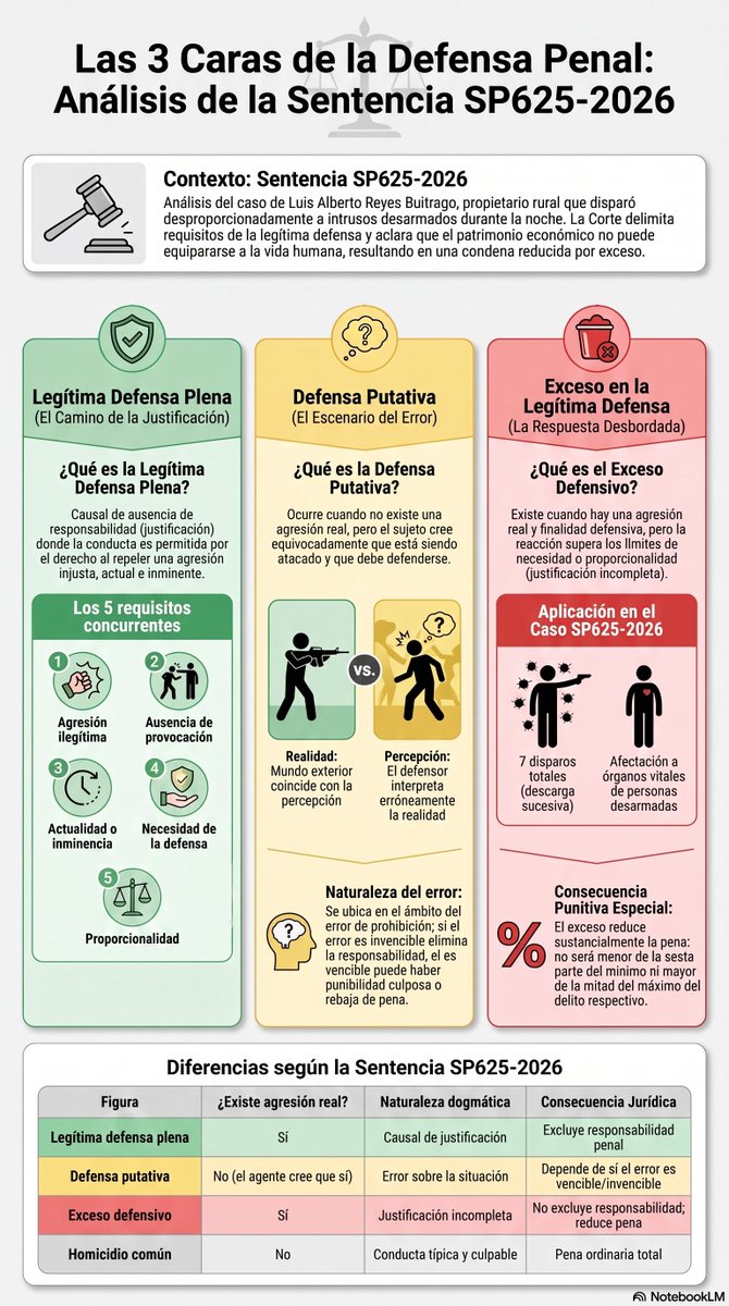 SoyLitigante's tweet photo. Una cosa es defenderse. Otra, creer que se está defendiendo. Y otra muy distinta, defenderse excediendo los límites.

La SP625-2026 permite entender tres figuras que pueden cambiar por completo un proceso penal: legítima defensa, defensa putativa y exceso defensivo.

¿Dónde termina el derecho a defenderse y comienza la responsabilidad penal?